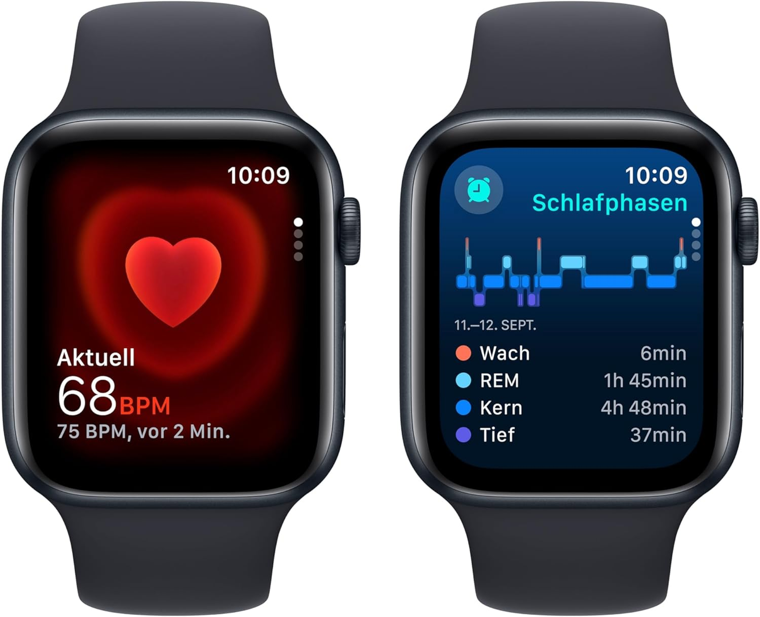 Two smartwatches with black straps showing heart rate, and sleep stages on the displays. Dark background.