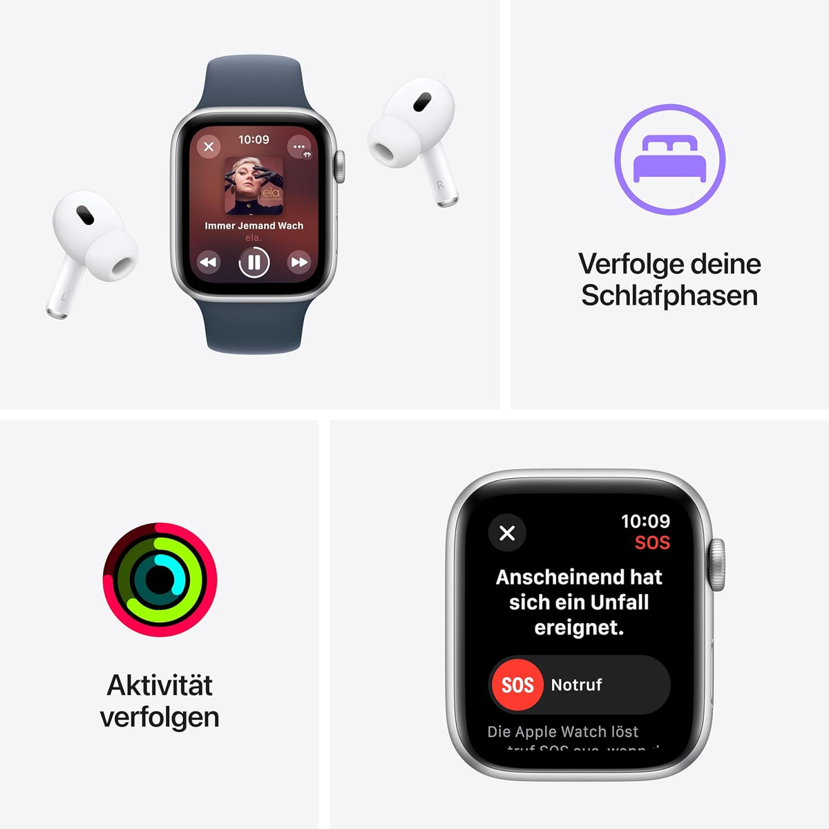 Apple Watch with AirPods and info graphics about activity, sleep, and SOS. White background.