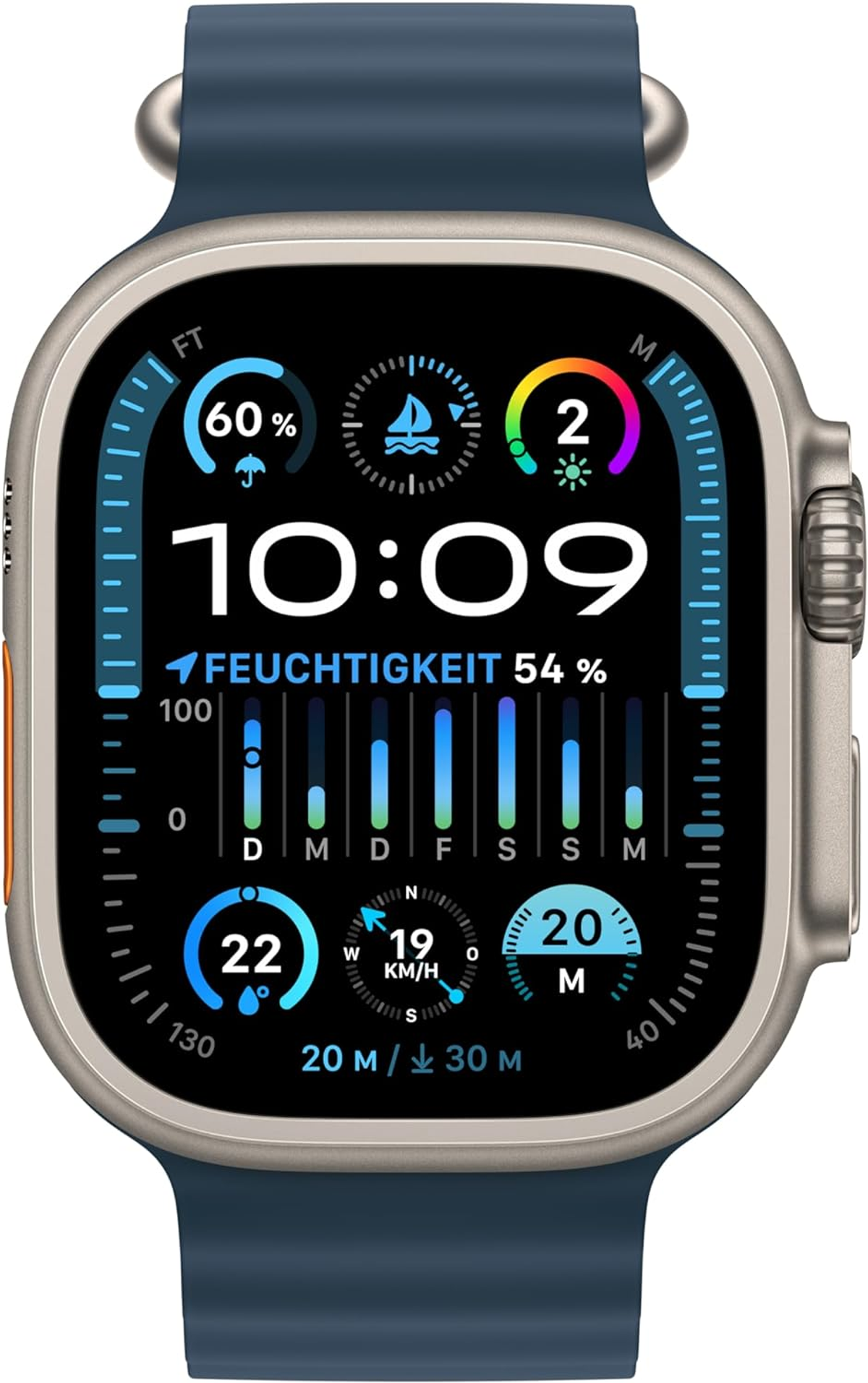 Eine Smartwatch mit blauem Armband, die Zeit, Luftfeuchtigkeit und andere Daten anzeigt.