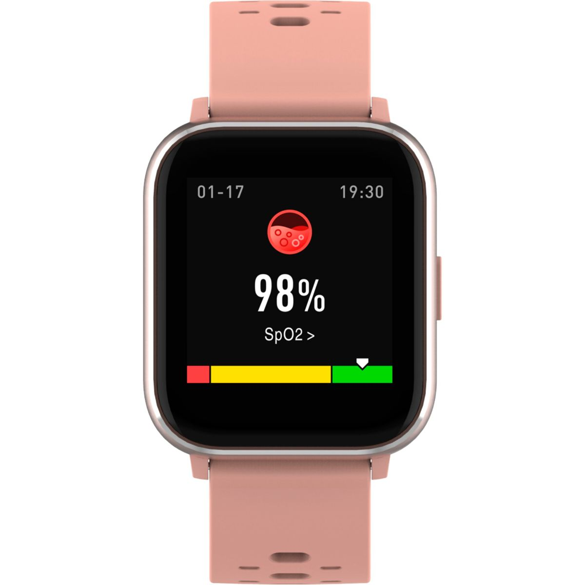 Een smartwatch toont 98% SpO2. Roze band met vierkante wijzerplaat.