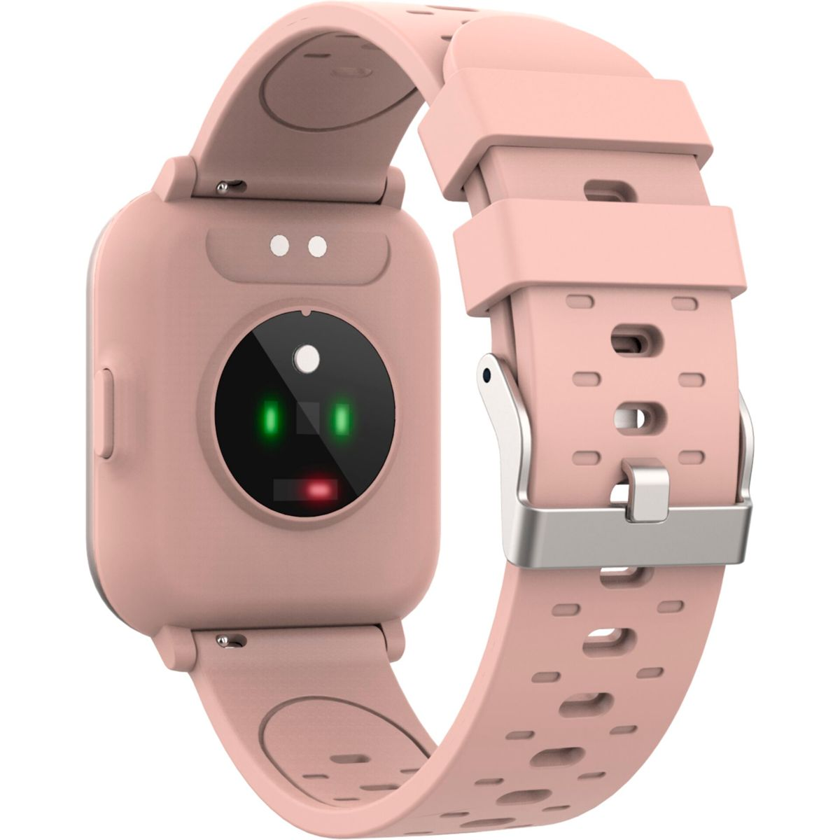 Roze smartwatch met roze band, met groene en rode lampjes.