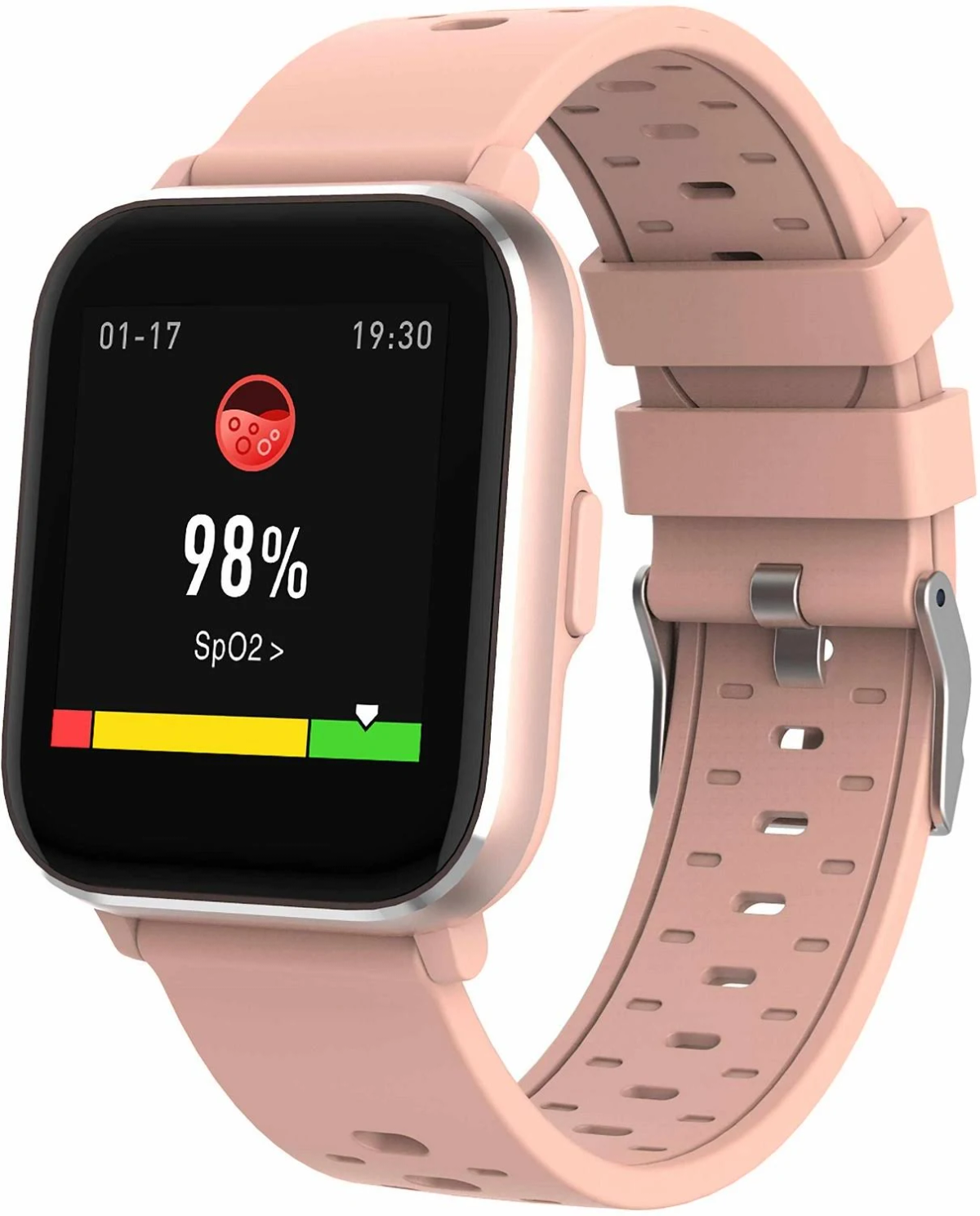 Een roze smartwatch die gezondheidsstatistieken weergeeft, waaronder SpO2 op 98%.