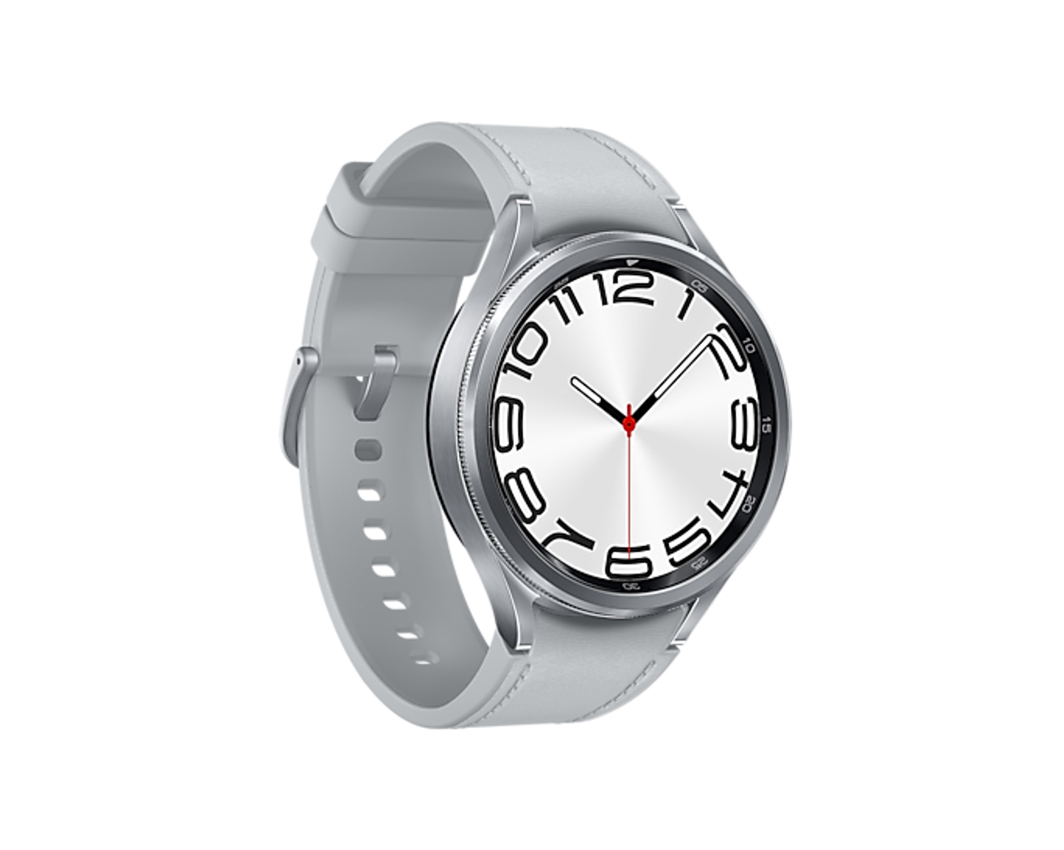 Een zilveren smartwatch met een witte wijzerplaat en een witte band.