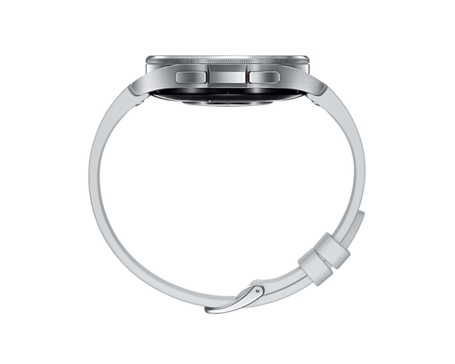 Zijaanzicht van een zilveren smartwatch met lichtgrijze band, toont de zijknoppen.