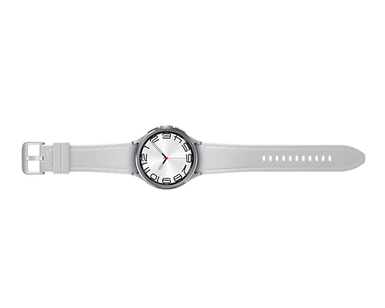 Een zilveren en witte Samsung Galaxy Watch met een witte band, geïsoleerd op witte achtergrond.
