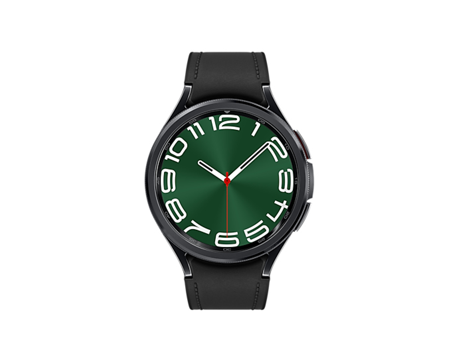 Reloj con esfera verde, correa negra, números y manecillas blancas.