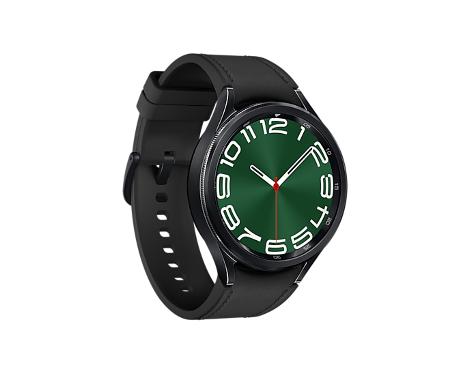 Un reloj inteligente negro con una esfera verde y una correa de cuero negro. Está sobre un fondo blanco.