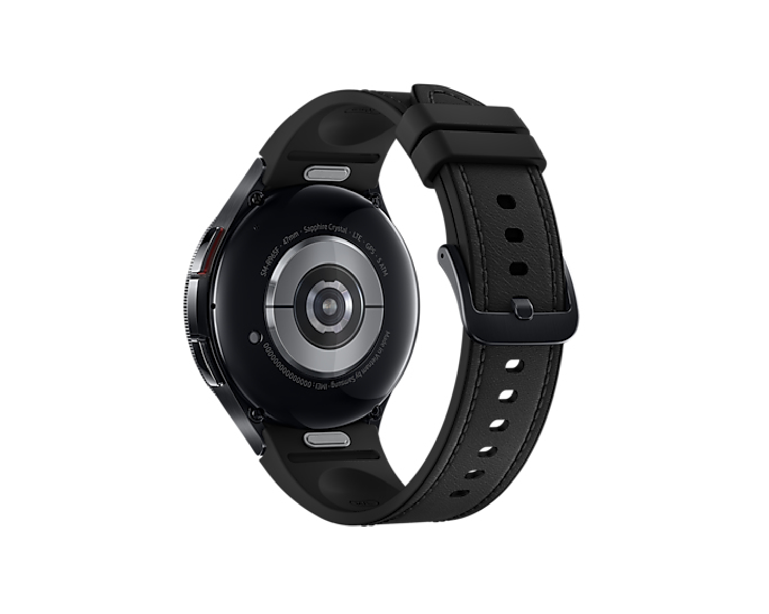 Vista trasera de un reloj inteligente negro con correa de cuero negro.