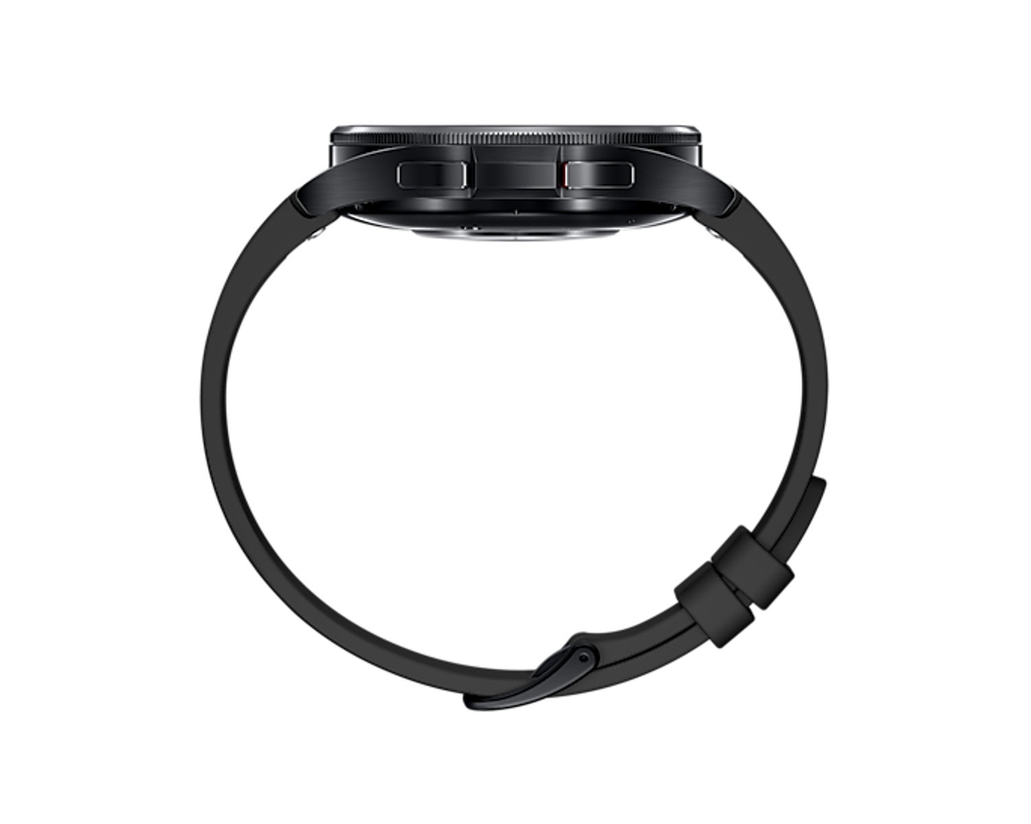 Smartwatch negra con correa negra, vista lateral, aislada sobre blanco.