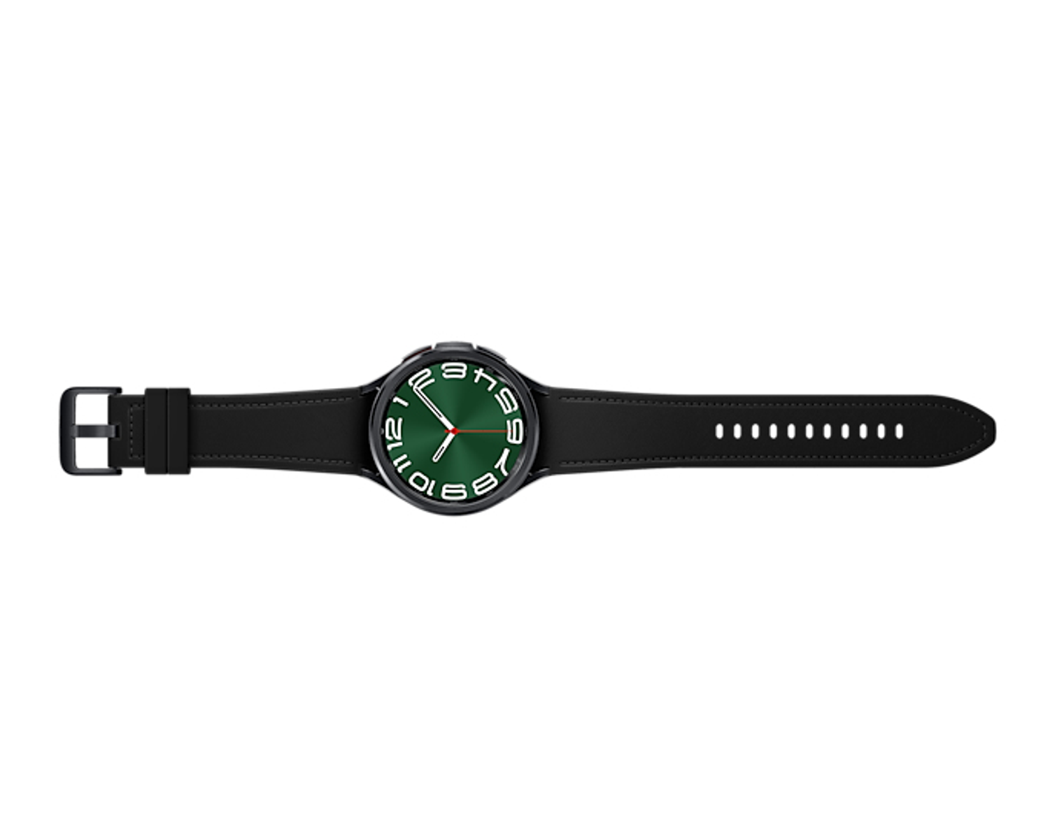 Smartwatch negra con pantalla verde. Correa de cuero negra. Fondo blanco. Estética minimalista, limpia.