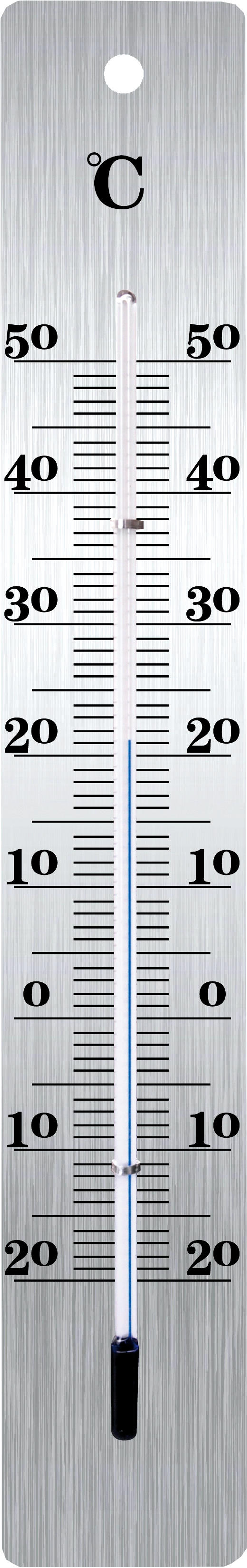 Ein metallisches Thermometer, das die Temperatur in Celsius mit einer blauen Flüssigkeit anzeigt.