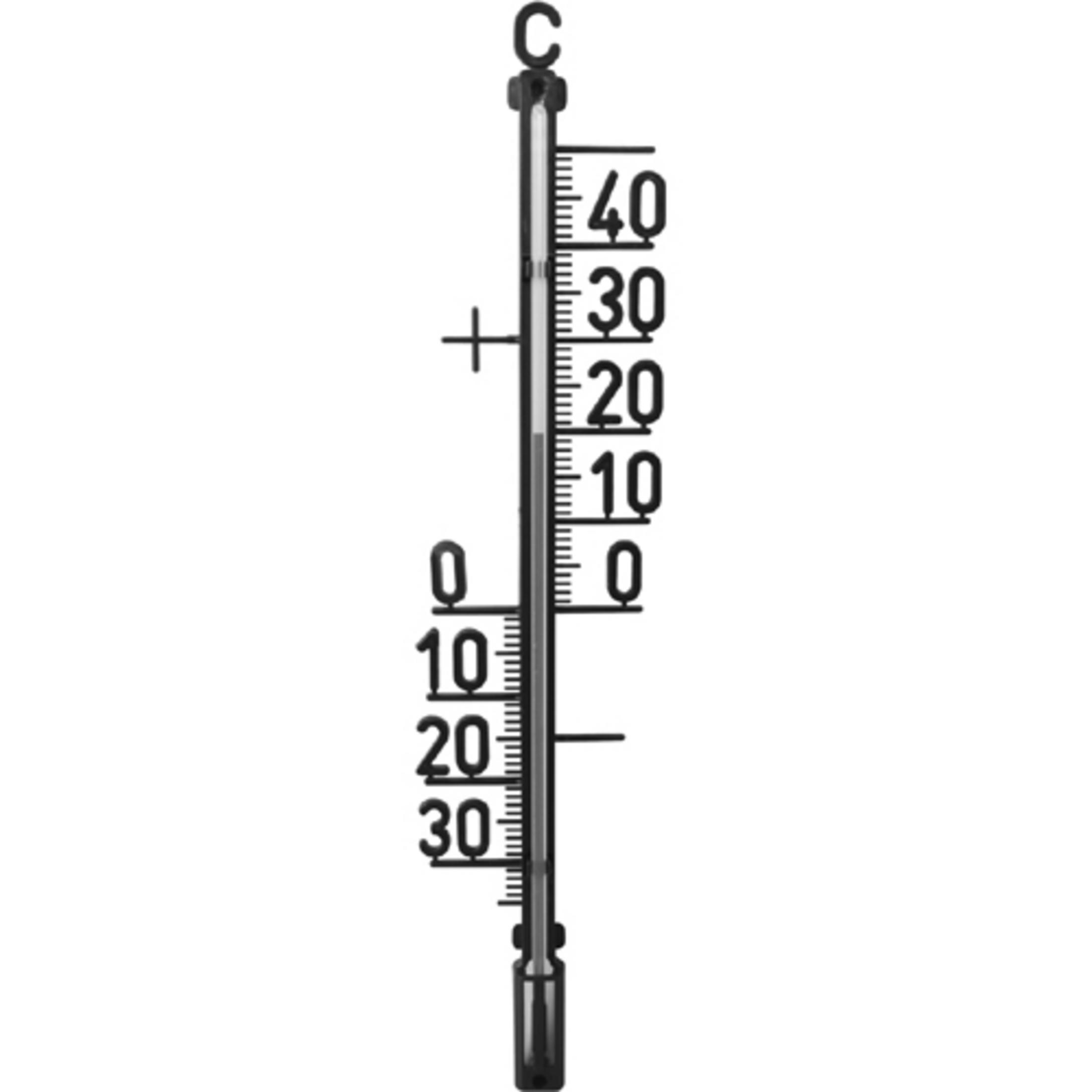 Thermometer mit Celsius-Skala, schwarzer Rahmen.
