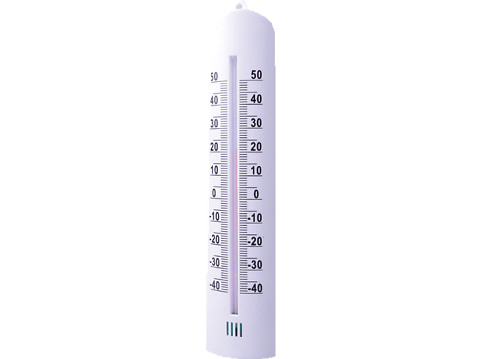 Weißes Thermometer mit schwarzen Markierungen zeigt Temperaturmesswerte auf schwarzem Grund.