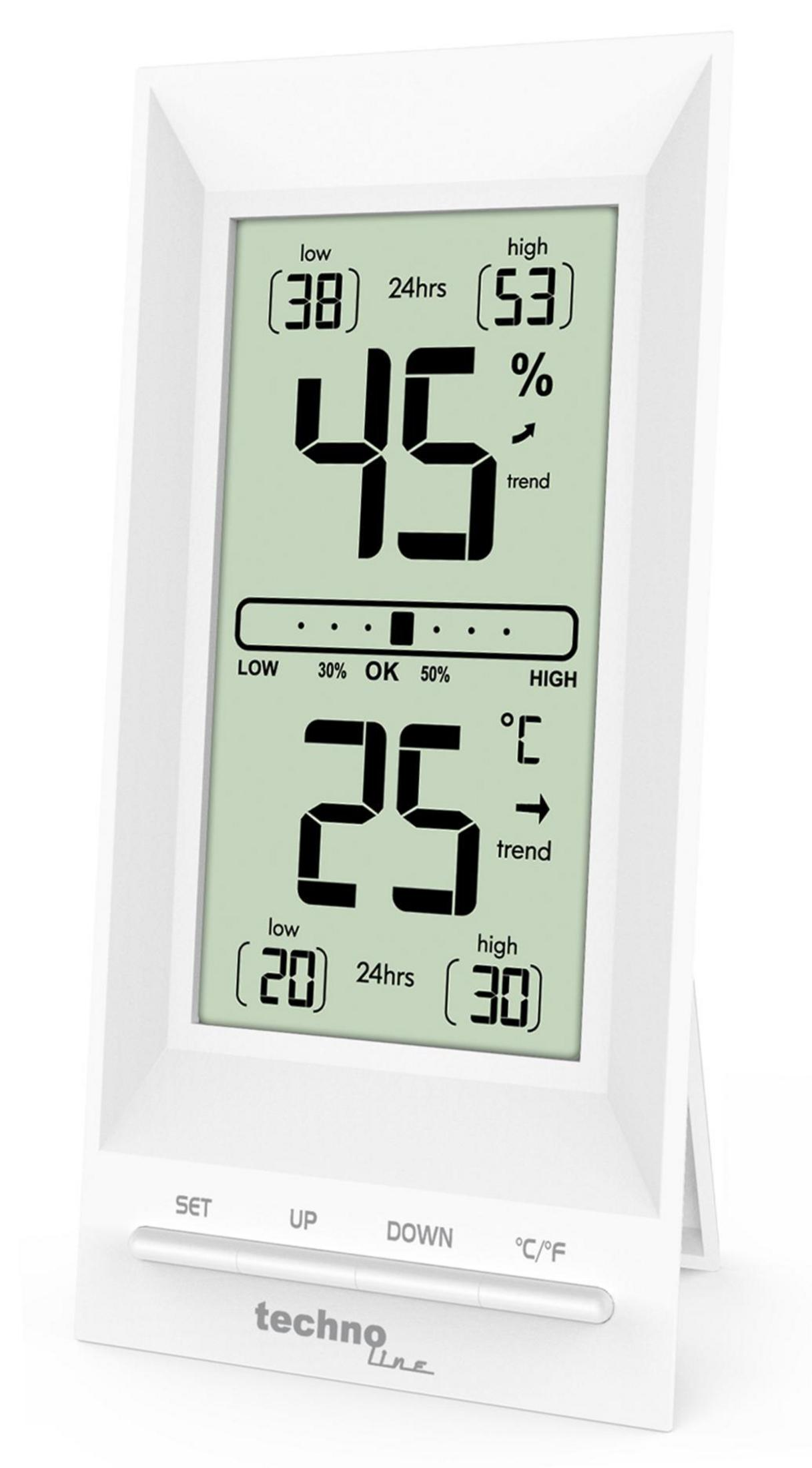 Digitale Wetterstation mit Messwerten für Luftfeuchtigkeit und Temperatur. Weißer Rahmen und grünes Display.