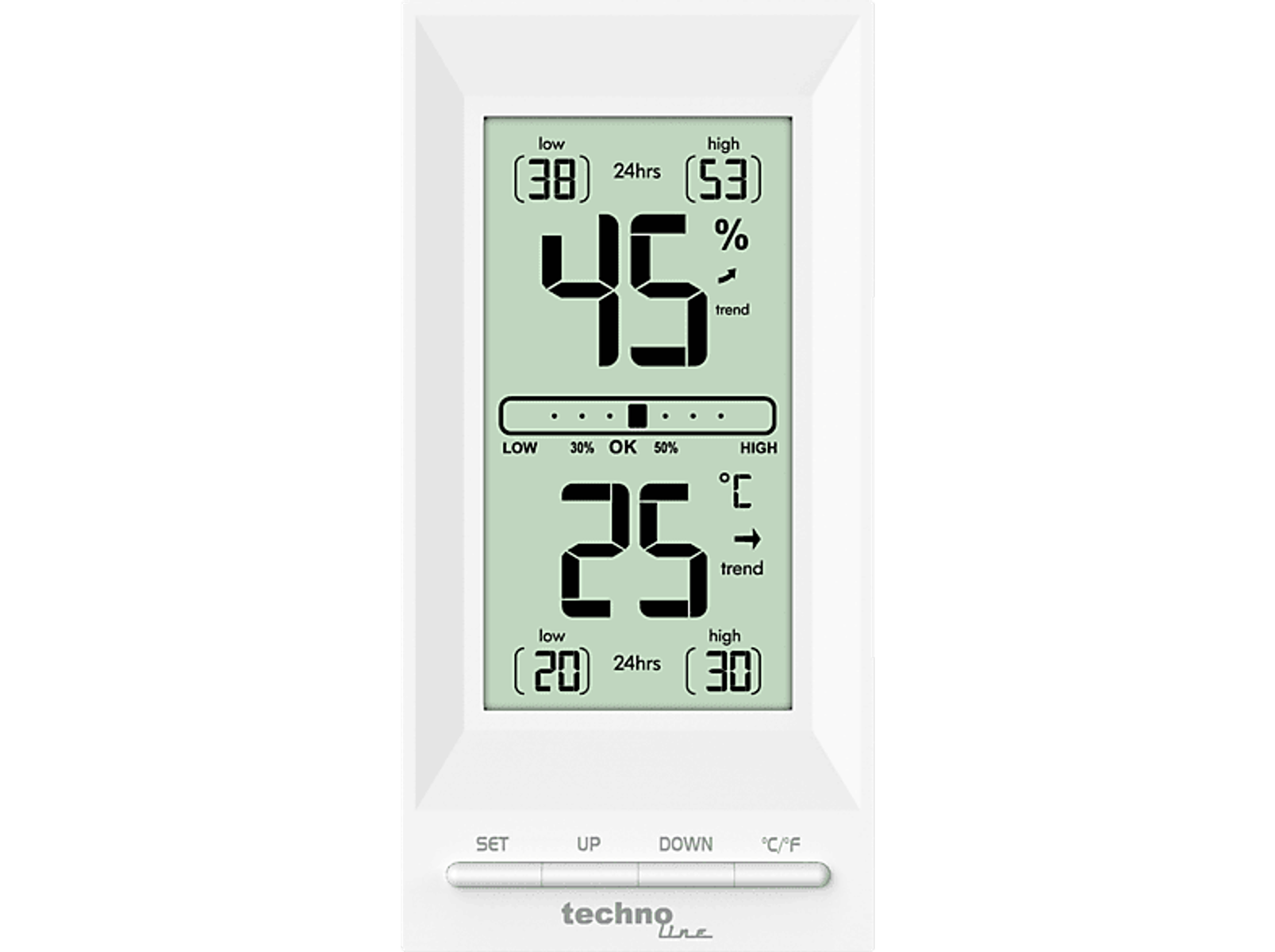 Digitale Wetterstation mit Luftfeuchtigkeit, Temperatur und Trends vor weißem Hintergrund.