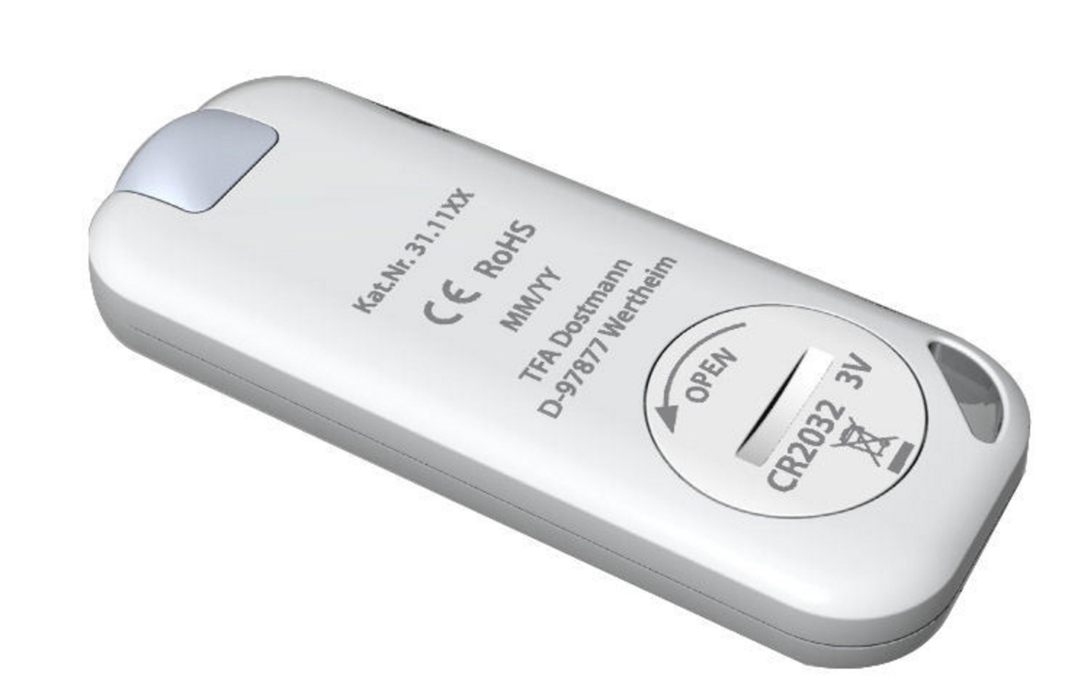 Weiße Fernbedienung mit Text, einem Schlitz für eine Batterie und einer Öffnungs-/Schließanzeige.