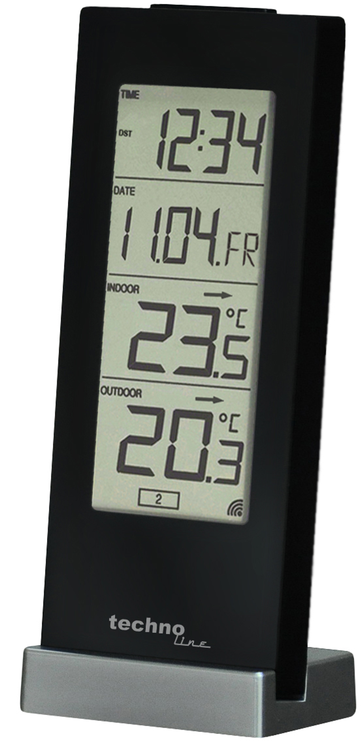 Czarny zegar cyfrowy wyświetlający godzinę, datę i temperaturę.