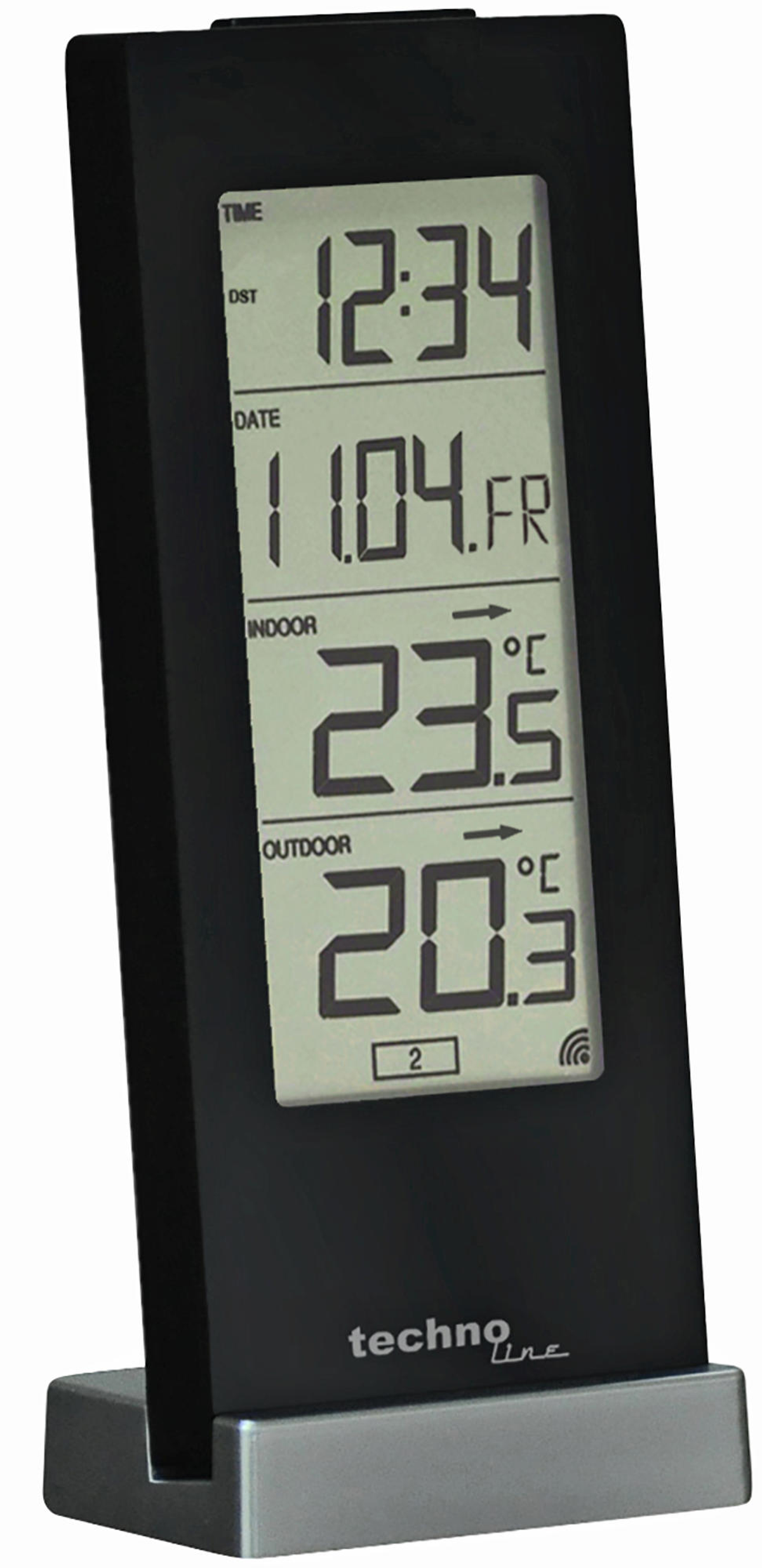 Czarny wyświetlacz cyfrowy z godziną, datą, temperaturą wewnątrz i na zewnątrz.