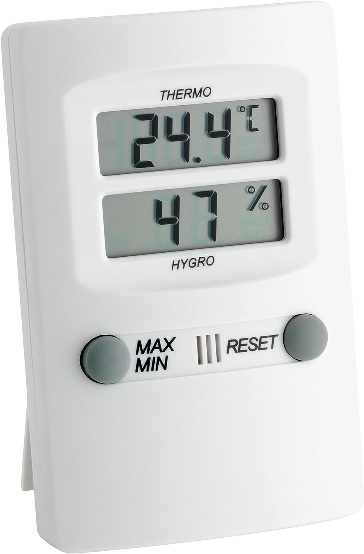 Ein weißes digitales Thermometer mit zwei Anzeigen, die Temperatur und Luftfeuchtigkeit anzeigen. Es hat Max-, Min- und Reset-Tasten.