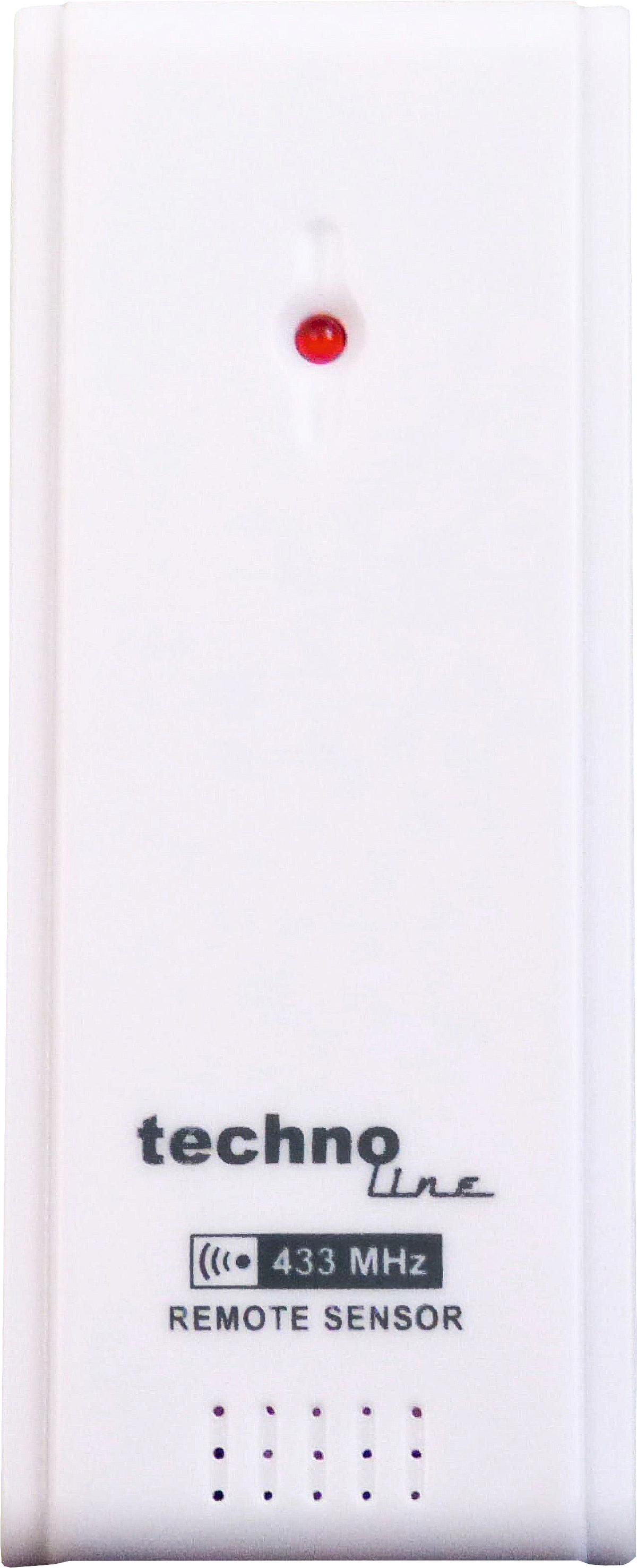 Ein weißer Fernbedienungssensor mit rotem Licht, dem 'technoline'-Logo und Text für Fernmessung.