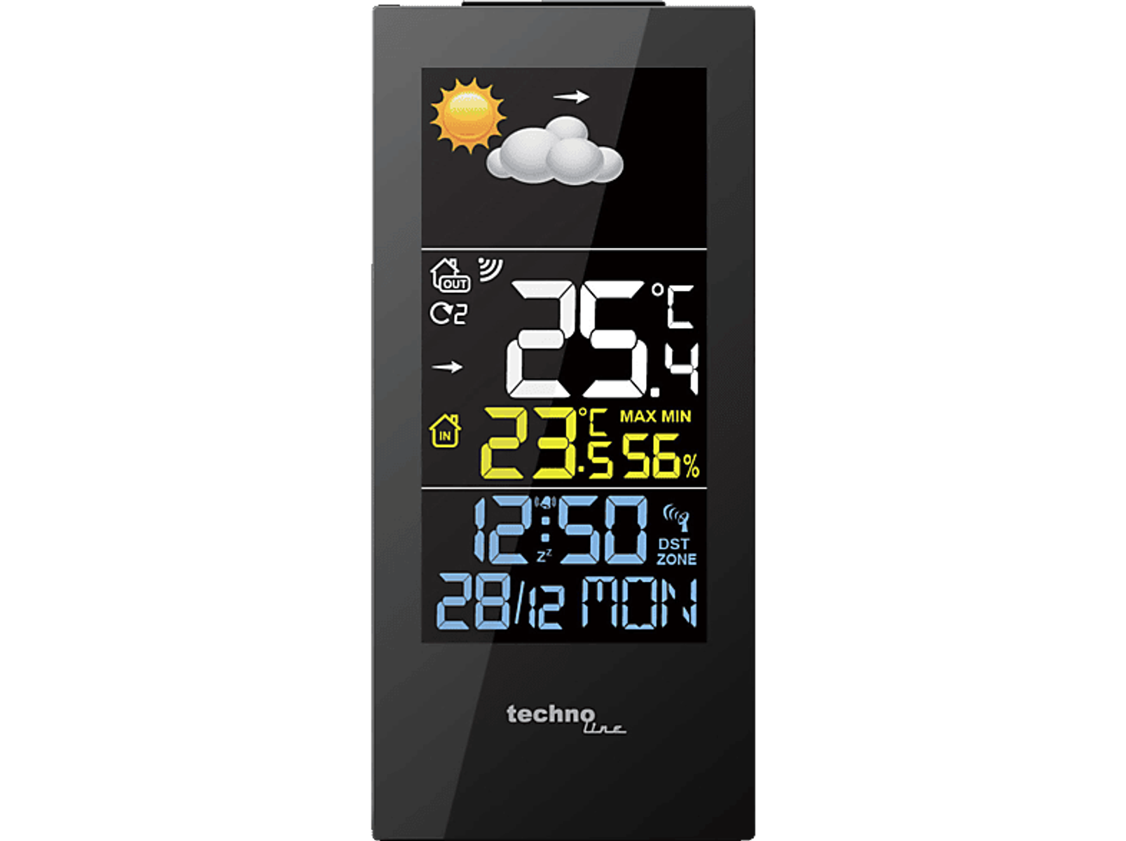 Eine schwarze Wetterstation mit einem Bildschirm, der Zeit, Temperatur und Wettervorhersage anzeigt.