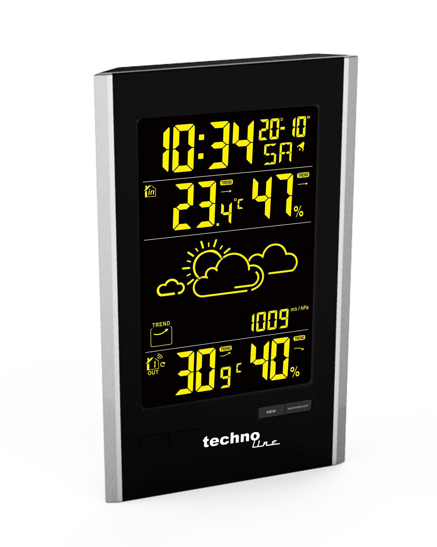 Digitale Wetterstation mit Anzeige von Uhrzeit, Temperatur und Wettersymbolen.