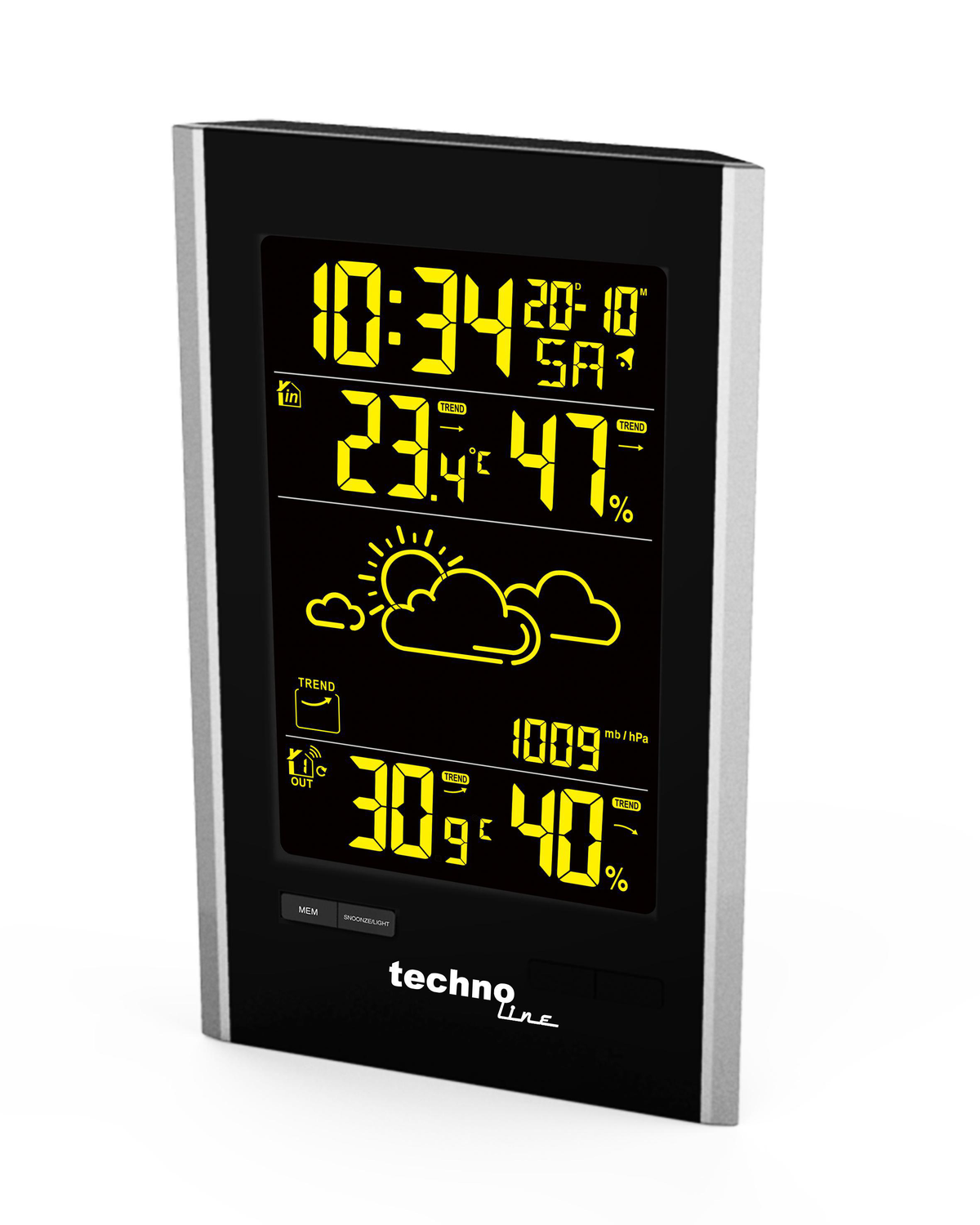 Digitale Wetterstation mit Zeit-, Temperatur- und Feuchtigkeitsanzeige.