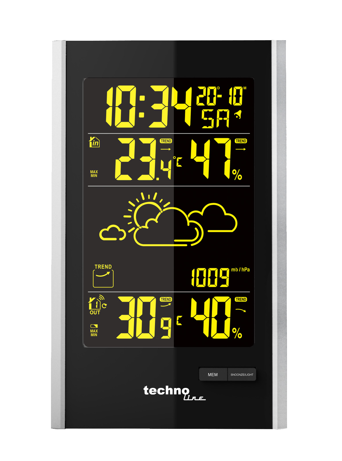 Eine digitale Wetterstation, die Zeit, Datum, Temperatur und Luftfeuchtigkeit anzeigt.