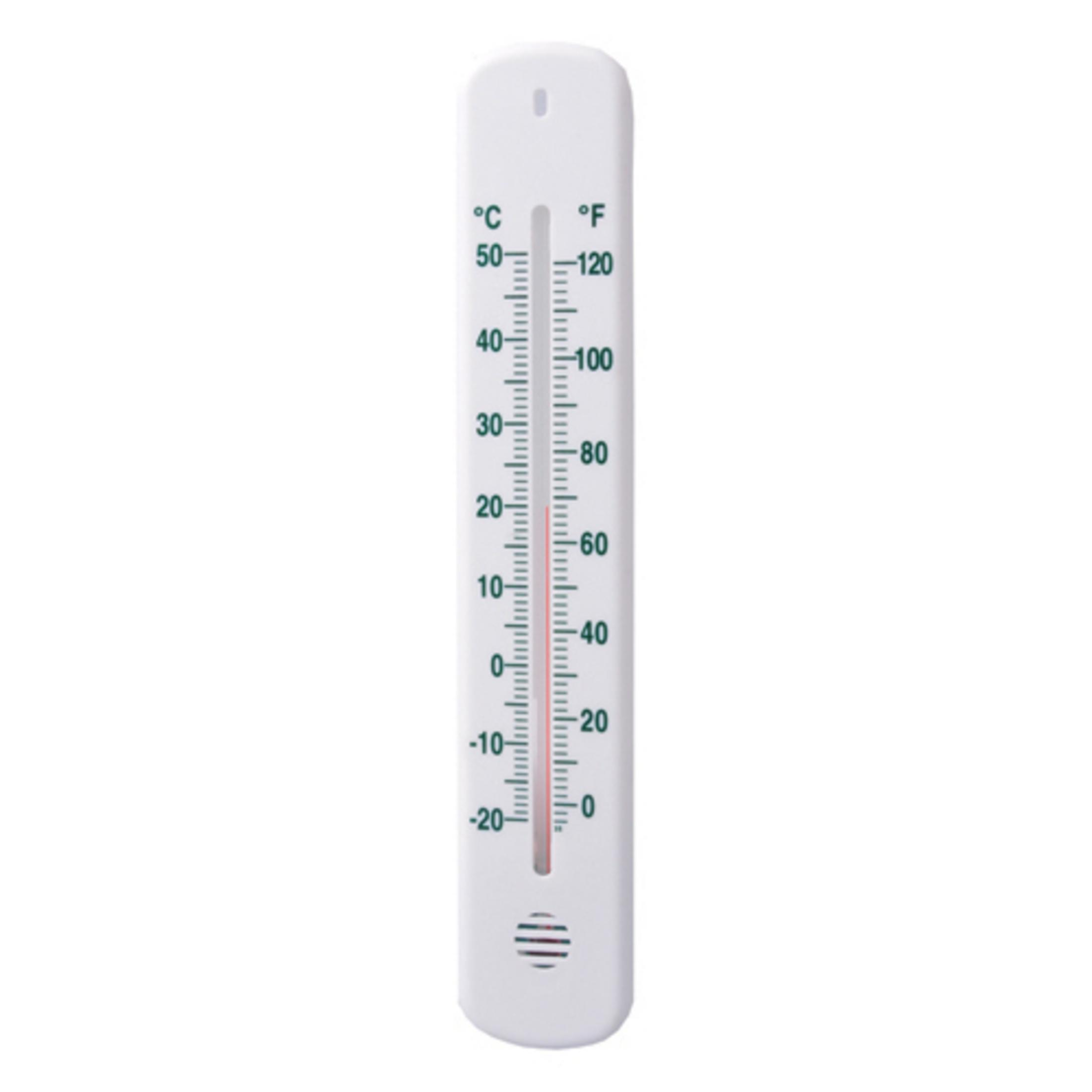 Weißes Thermometer mit Celsius- und Fahrenheit-Skala. Roter Indikator. Weißer Hintergrund.