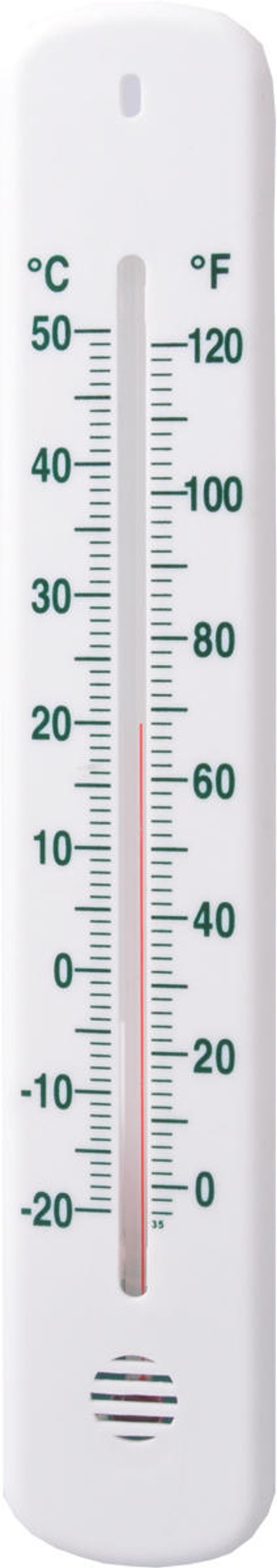 Ein weißes Thermometer, das die Temperatur anzeigt.
