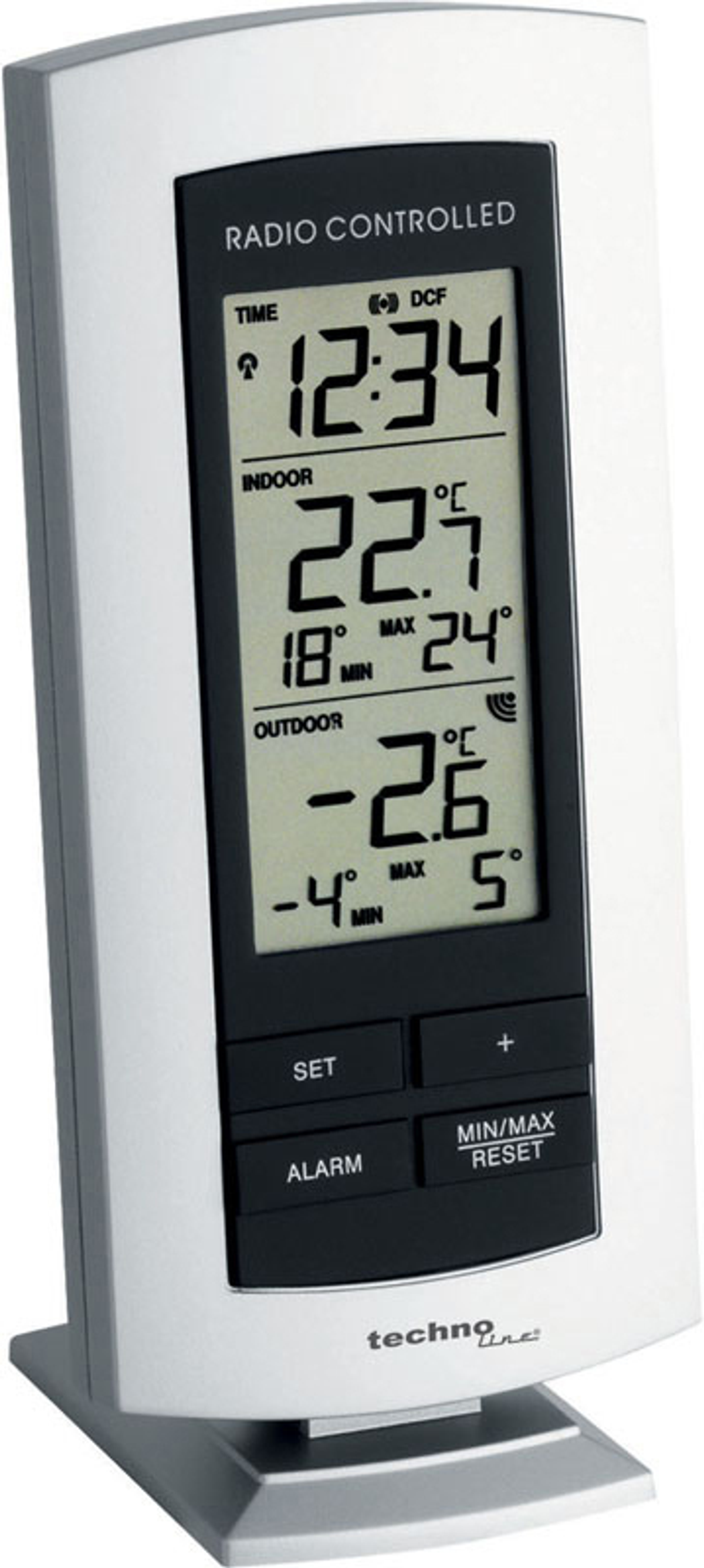 Cyfrowa stacja pogodowa wyświetlająca czas, temperatury wewnątrz i na zewnątrz oraz informacje pogodowe.