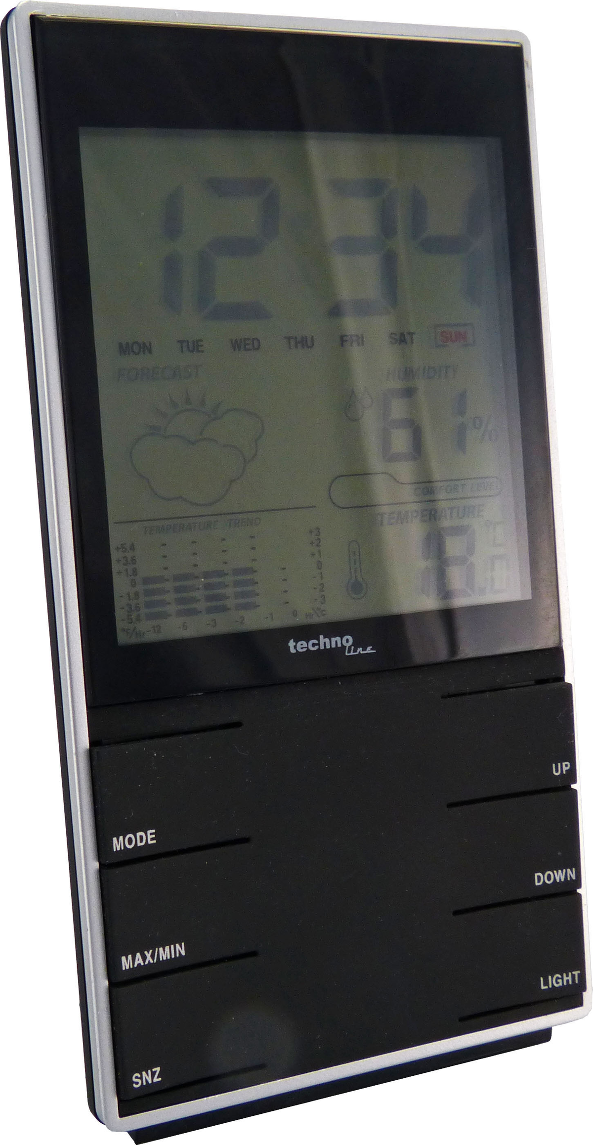 Czarny zegar cyfrowy wyświetla godzinę, datę, wilgotność i ma przyciski sterowania.