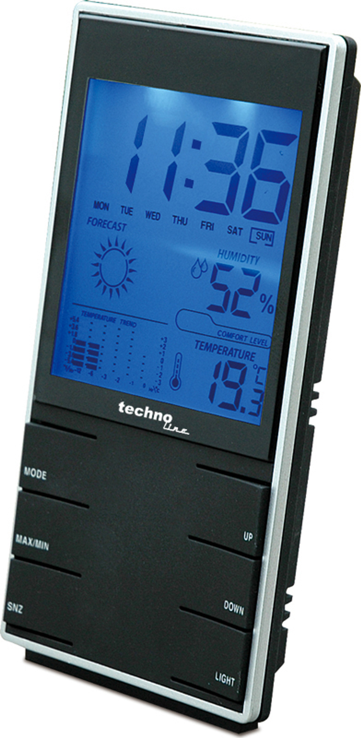 Czarna cyfrowa stacja pogodowa wyświetla czas, temperaturę, wilgotność i prognozę pogody.