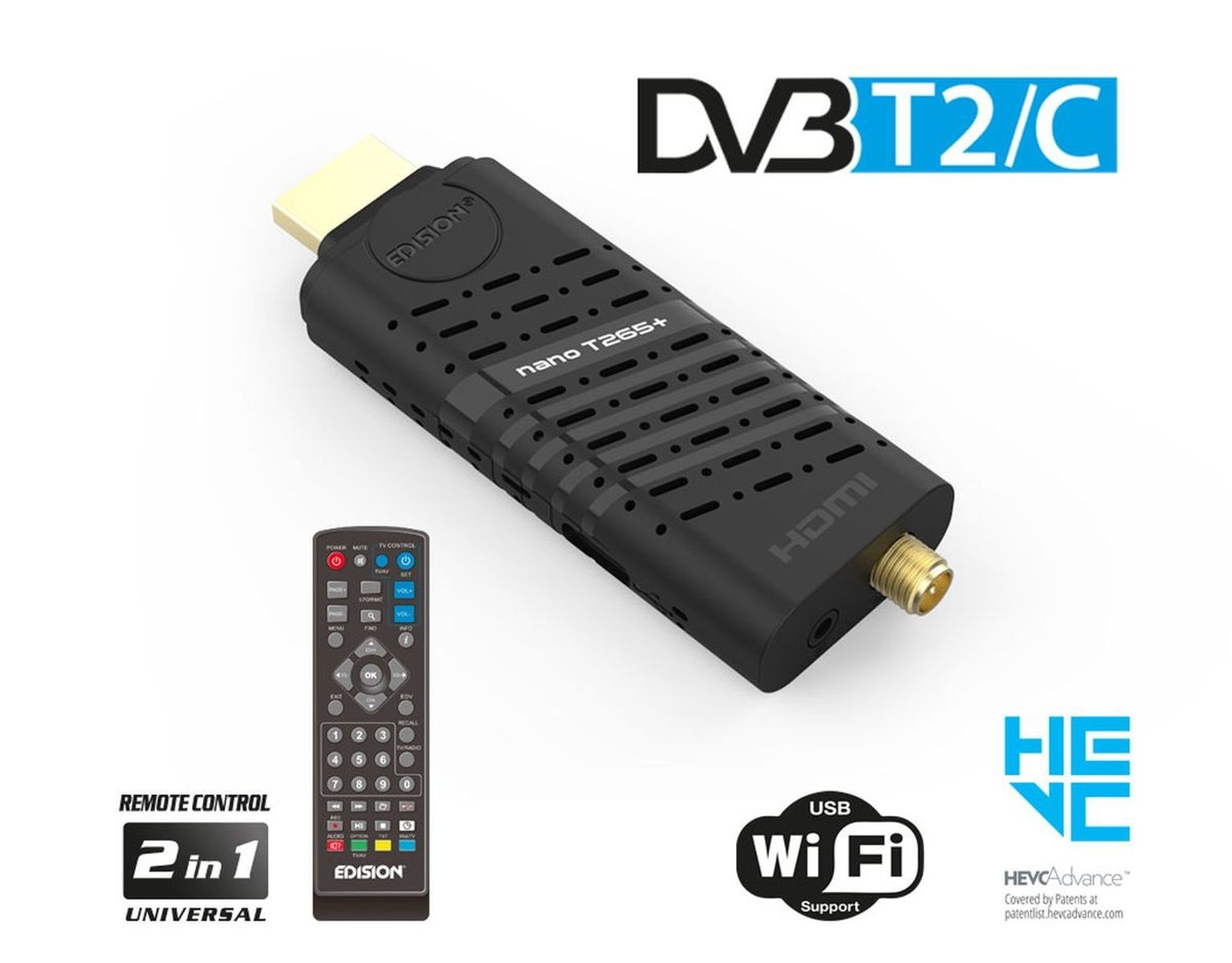 EDISION Nano T265+ für terrestrisch PVR-Funktion=optional, Twin DVB-T2 DVB-C, schwarz) und Kabel Tuner, Kabel-Receiver (H.264), DVB-T, (HDTV, HD