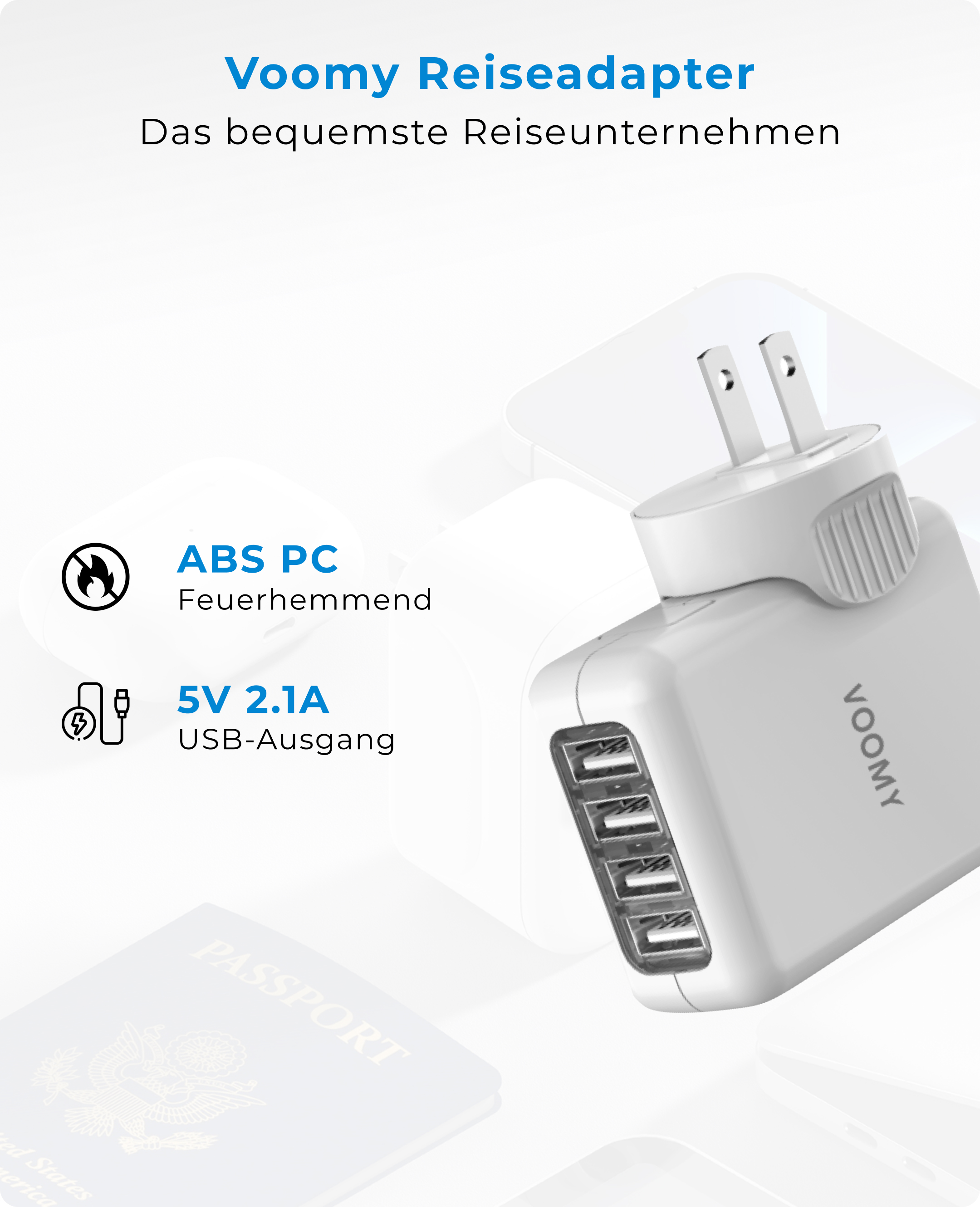 VOOMY Weltweit, 4 USB-A, Australien 170+ Europa USA Länder, Mexiko Reiseadapter