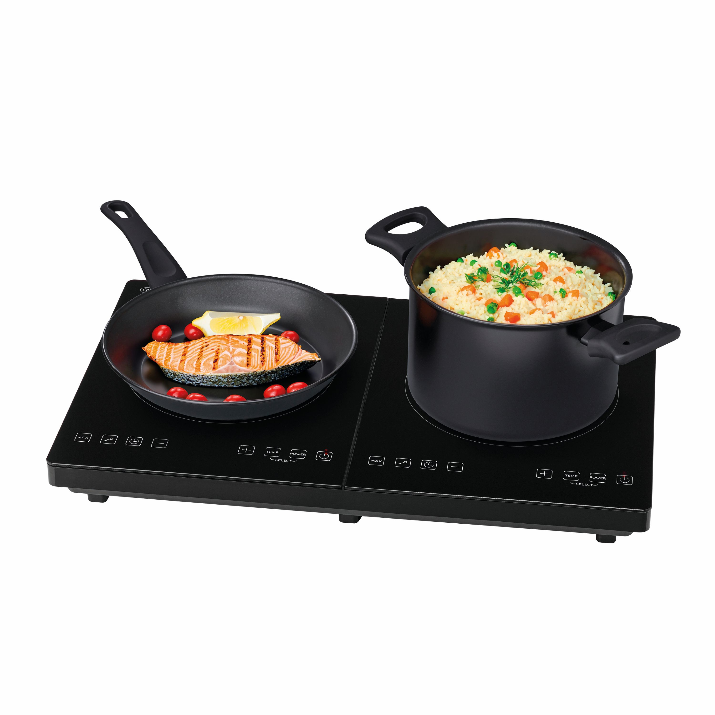 Ein Induktionskochfeld hat eine Pfanne mit Lachs und einen Topf mit Reis, beides auf schwarzer Oberfläche.