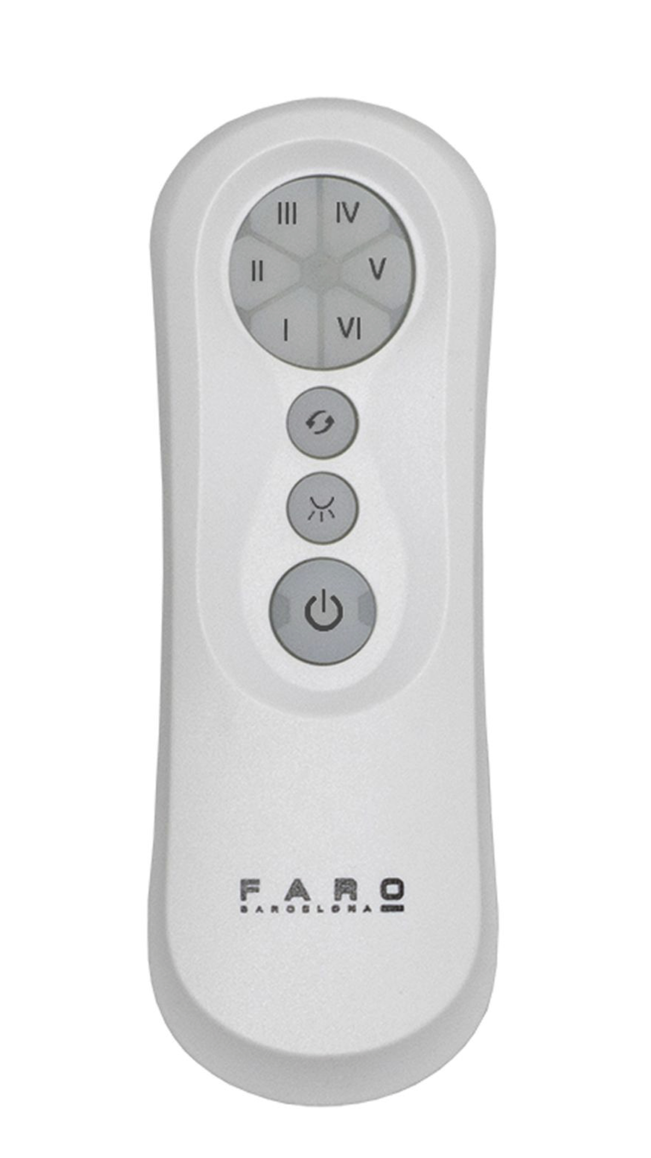 Un telecomando bianco con sei pulsanti. Il marchio FARO BARCELONA è stampato in basso.