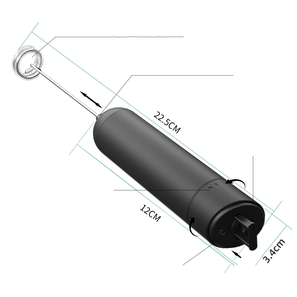 Schwarzer, handgehaltener Milchaufschäumer mit Maßen. Er hat einen Schneebesen und einen Knopf.