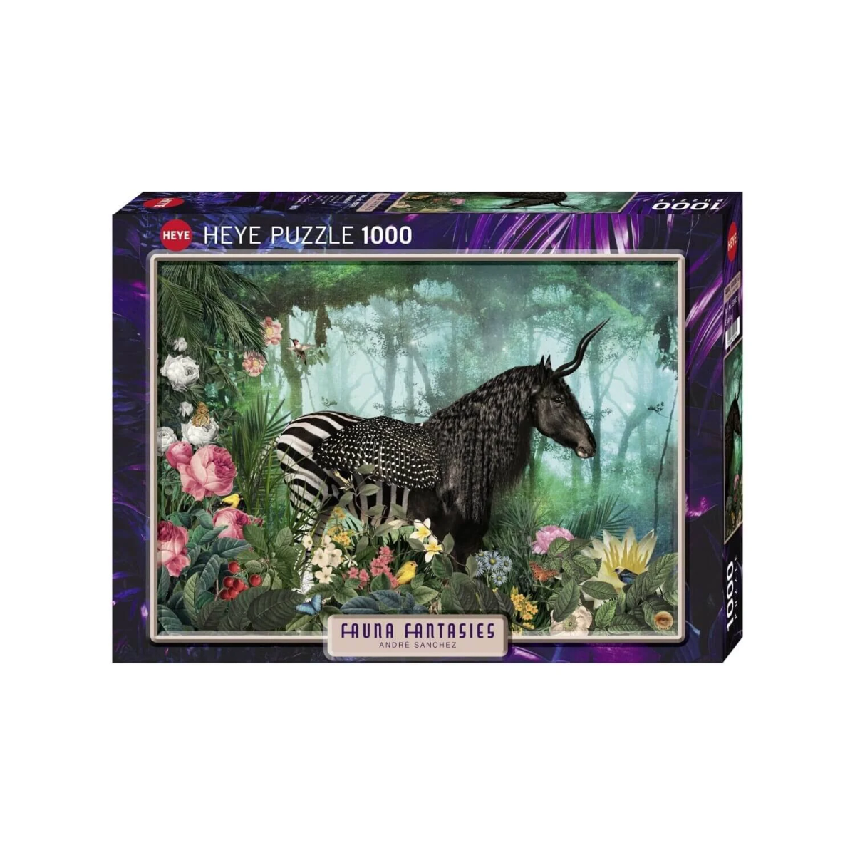 Una scatola di puzzle con un cavallo zebrato bianco e nero in una scena della giungla. Fiori colorati.