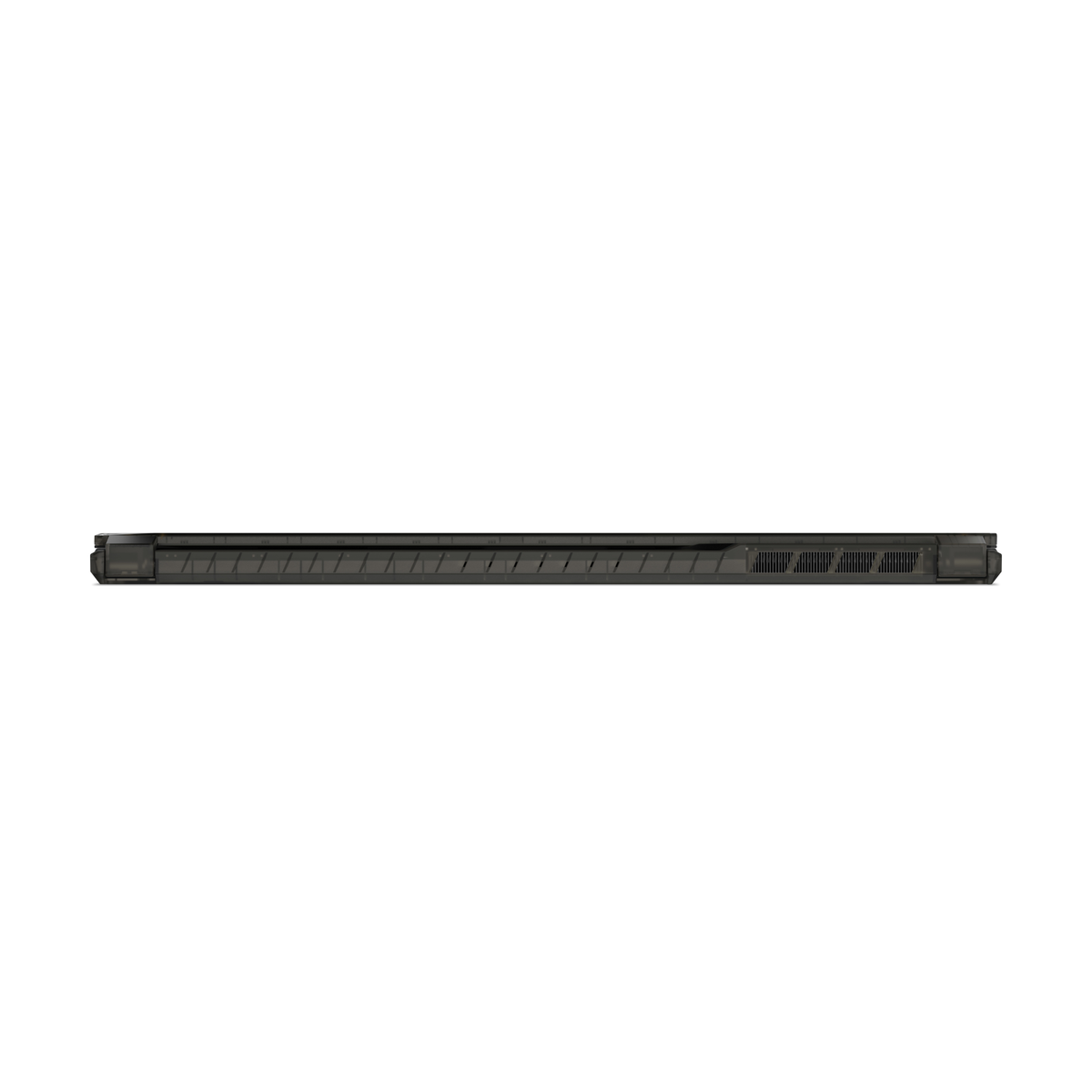 Un laptop nero dalla parte posteriore. Ha delle griglie di ventilazione sul lato.