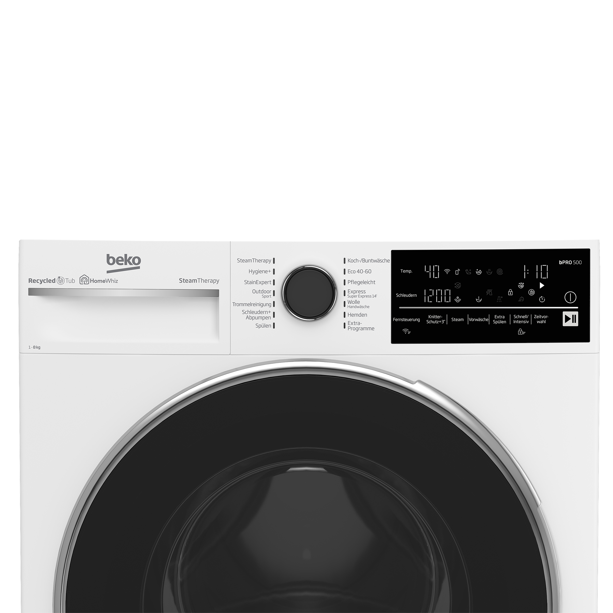 Weiße Waschmaschine mit schwarzer Tür und Bedienfeld. Beko-Logo oben.
