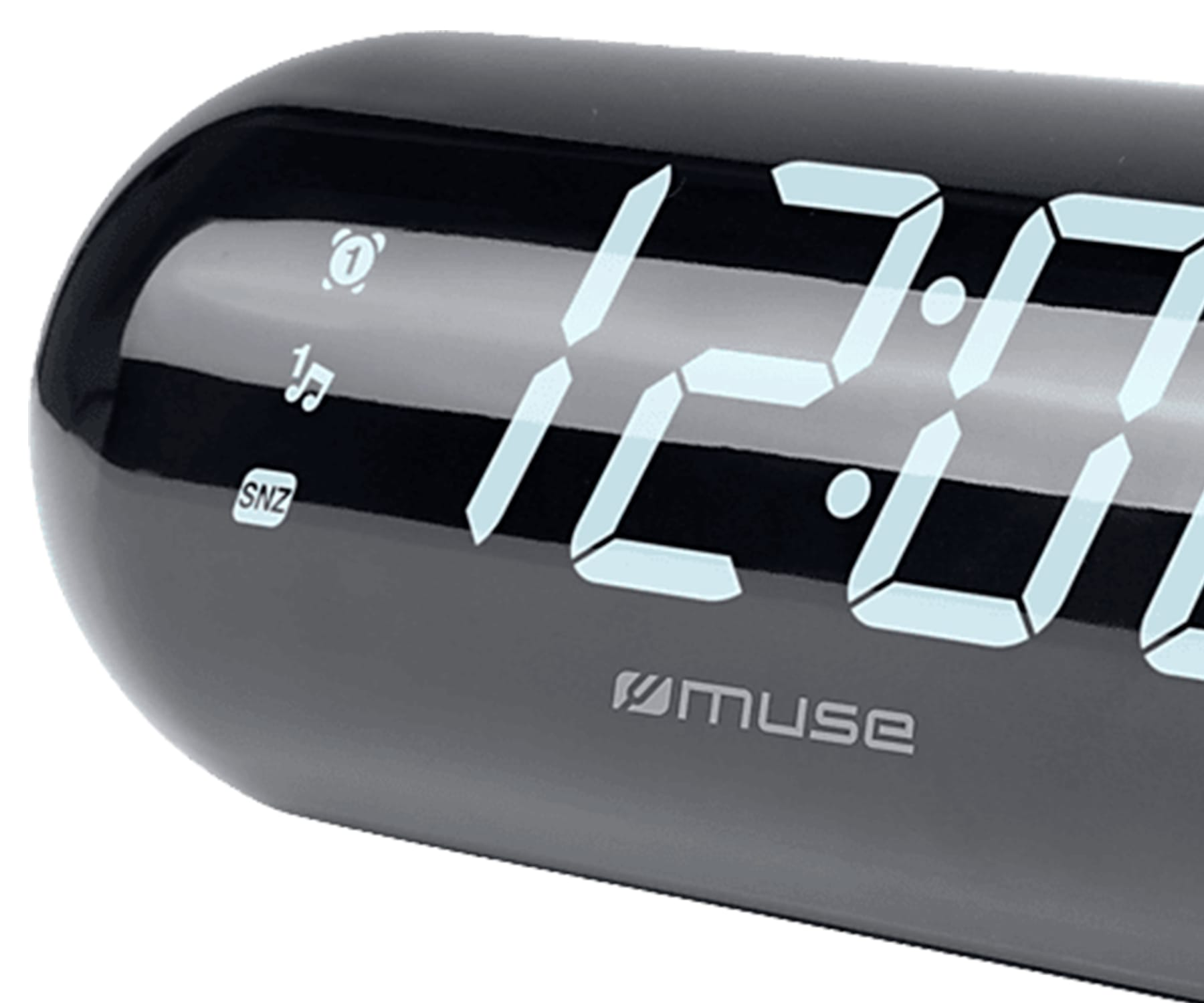 Un despertador negro muestra 12:07, con el logo de Muse e iconos.