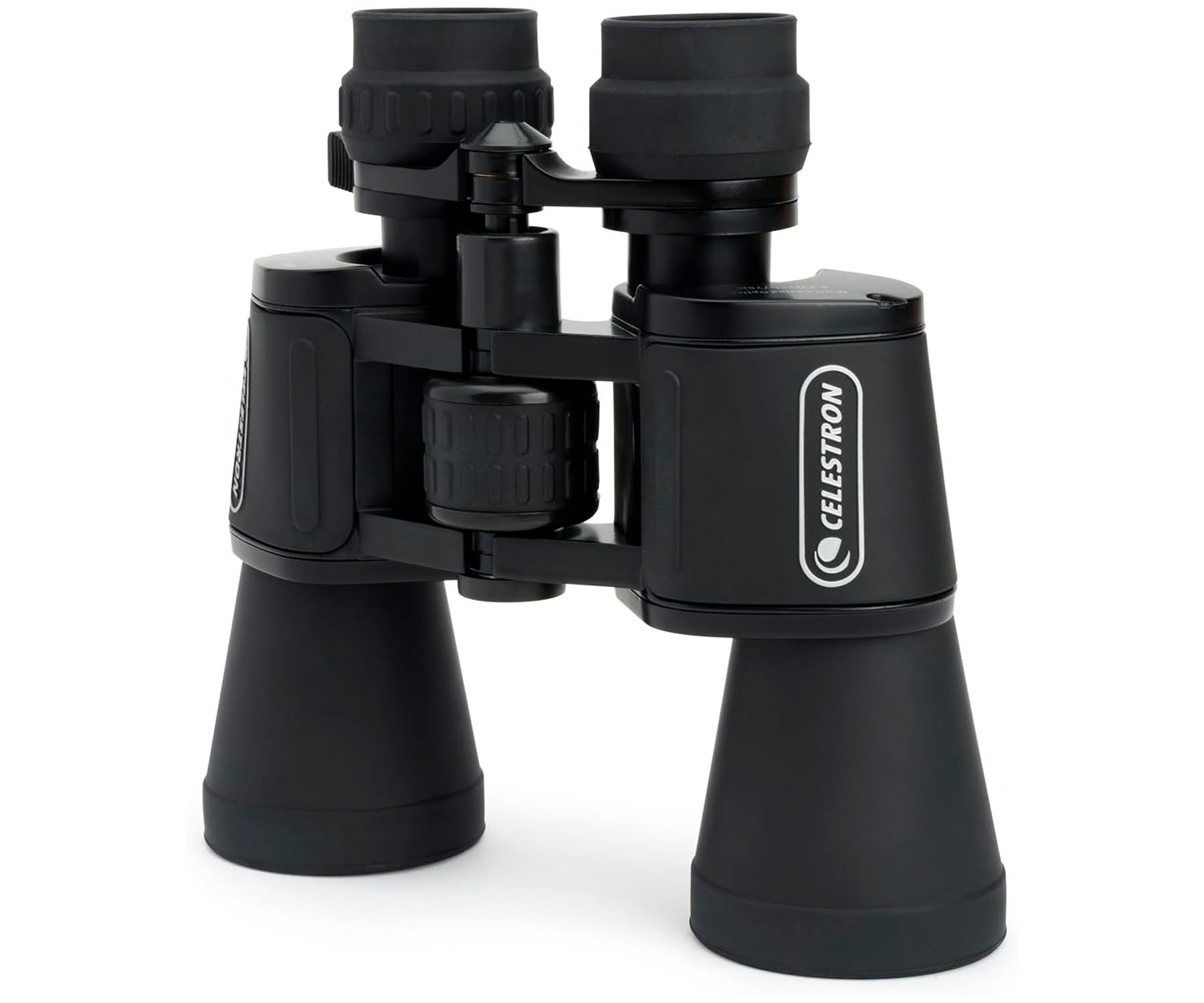 Binocolo nero con testo e marchio bianchi, isolato su sfondo bianco.