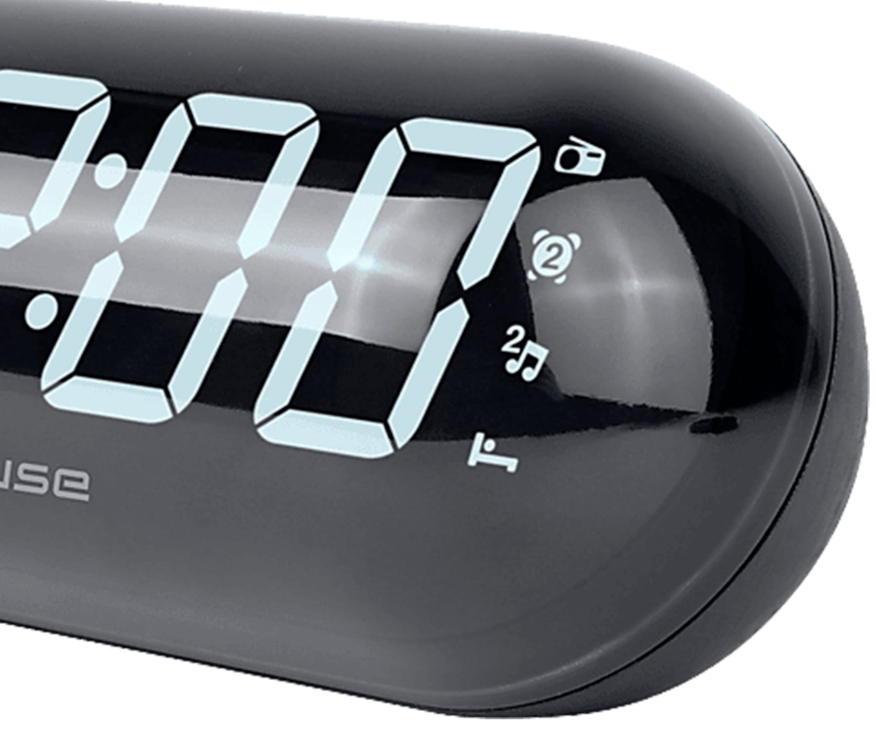 Reloj despertador digital negro que muestra la hora y otros ajustes.