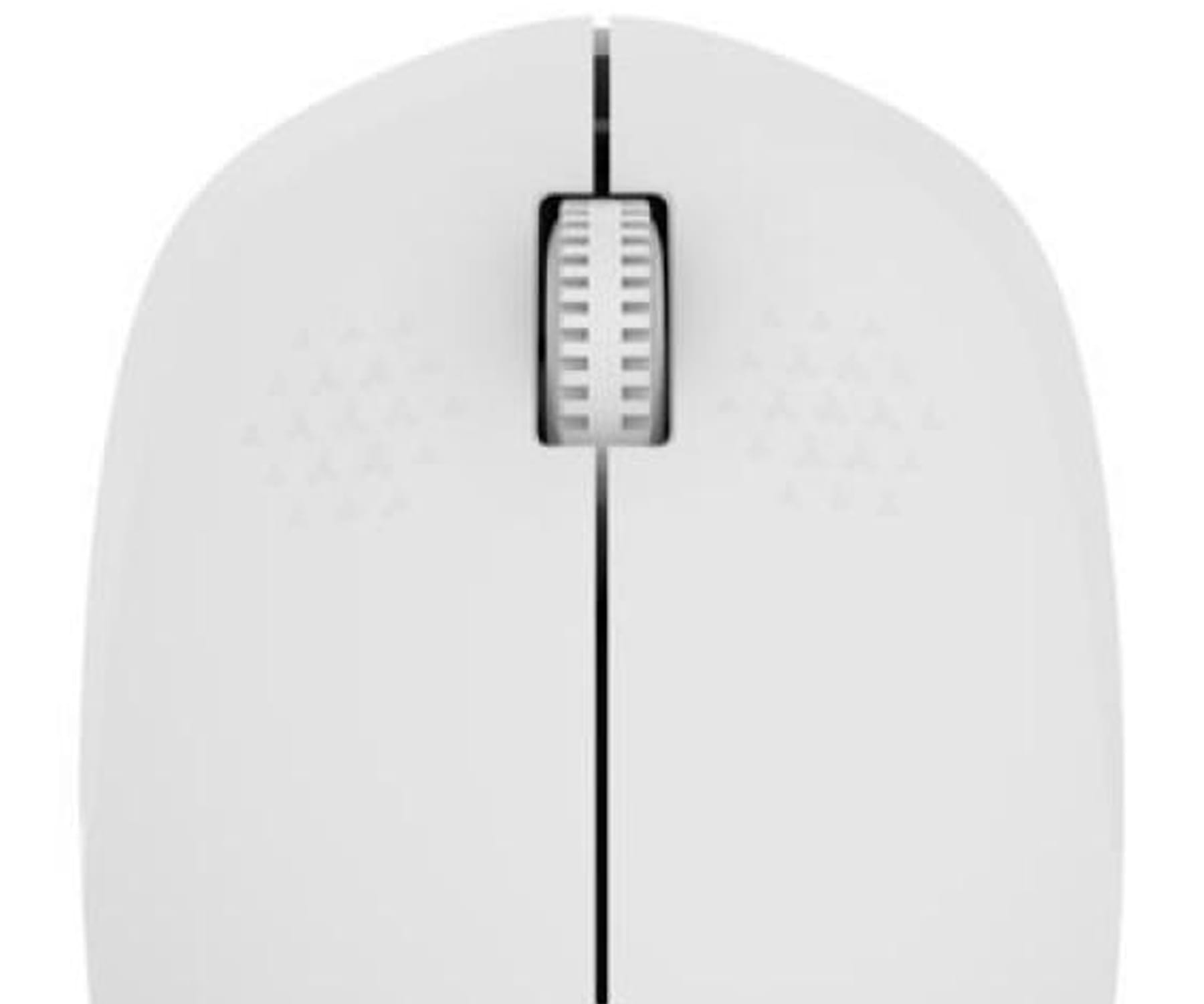 Zbliżenie białej myszy komputerowej z kółkiem przewijania i dwoma przyciskami.