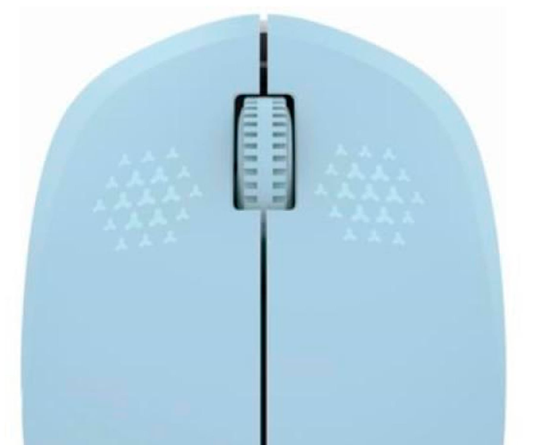 Jasnoniebieska mysz, widok z góry. Białe kółko przewijania. Dwa przyciski. Biała powierzchnia.