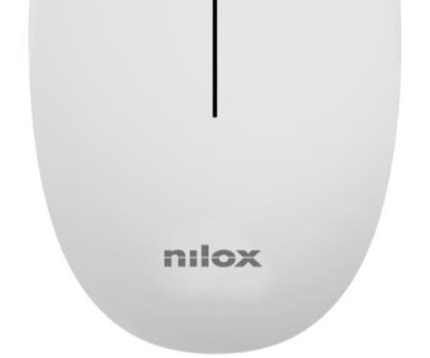 Biała mysz komputerowa z marką 'nilox'. Białe tło.