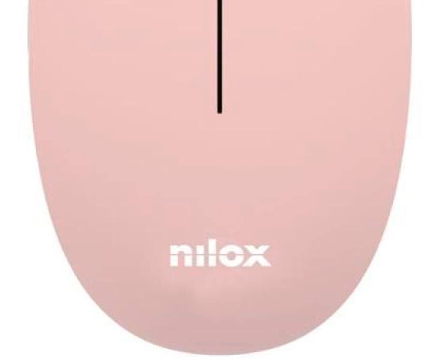 Un mouse rosa con il marchio 'nilox' in lettere bianche.