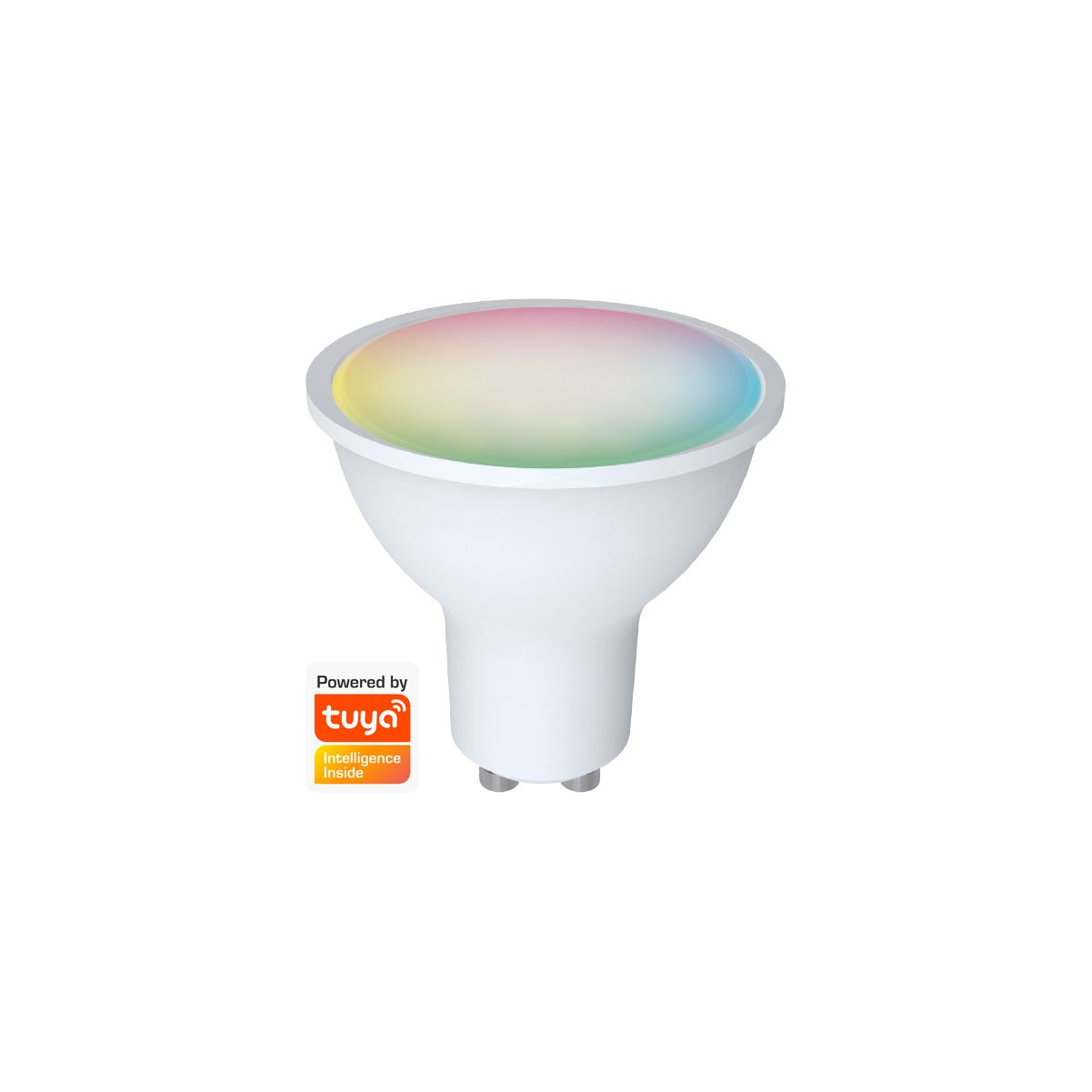 Biała żarówka smart z kolorowym światłem na górze, logo Tuya.
