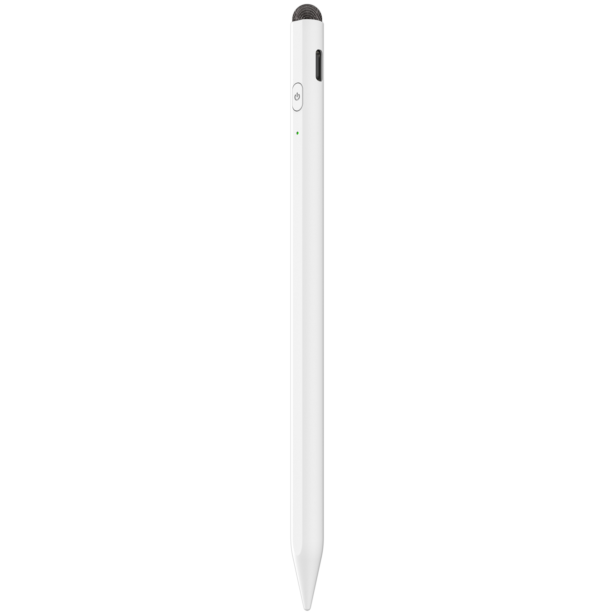 Ein weißer Stift auf schwarzem Hintergrund. Er hat einen Einschaltknopf und einen Ladeanschluss.